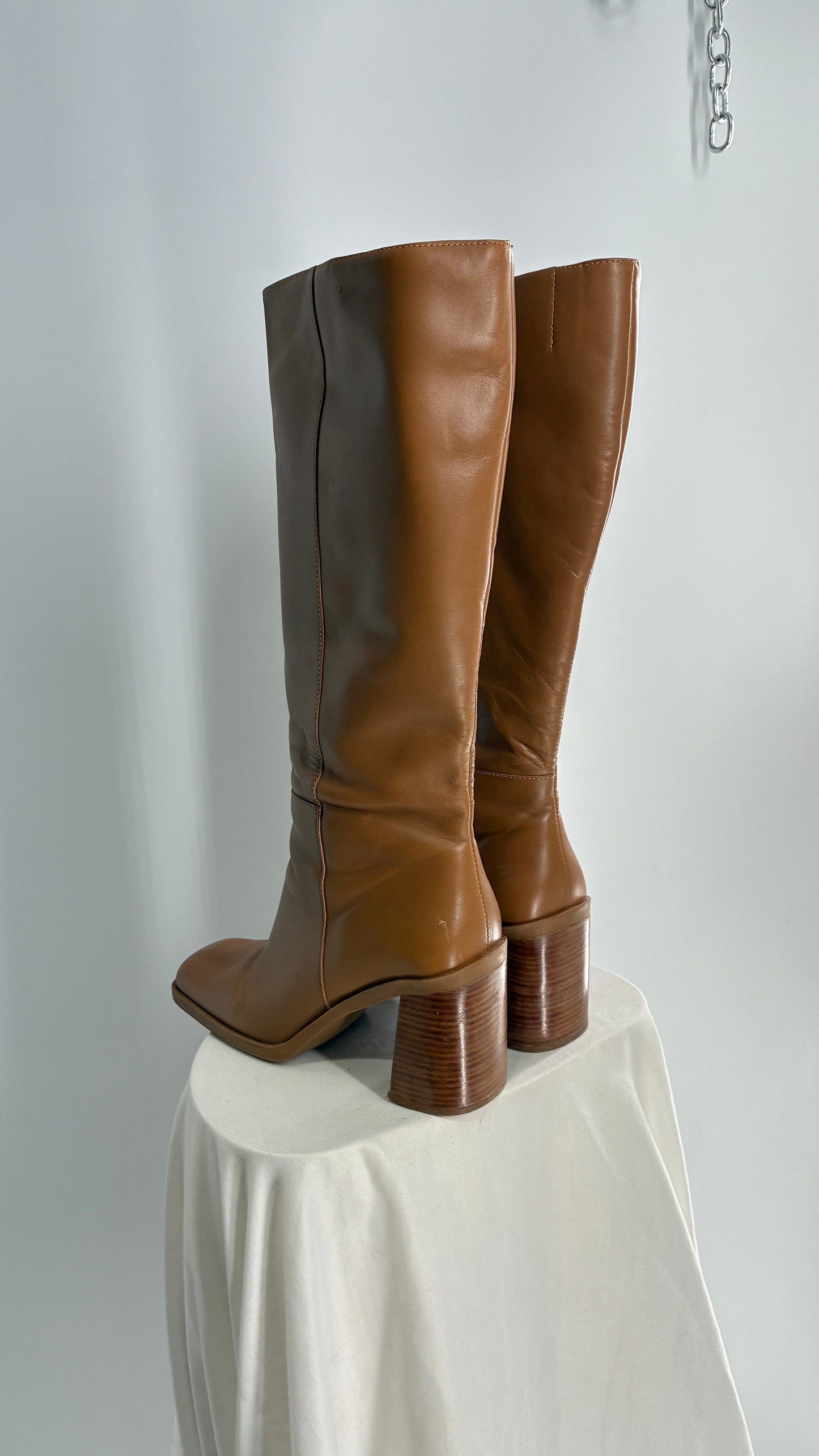 Vintage Strive Genuine Leather Square Toe Knee High Boots with Chunky Block Heel Made in Uruguay (9.5)