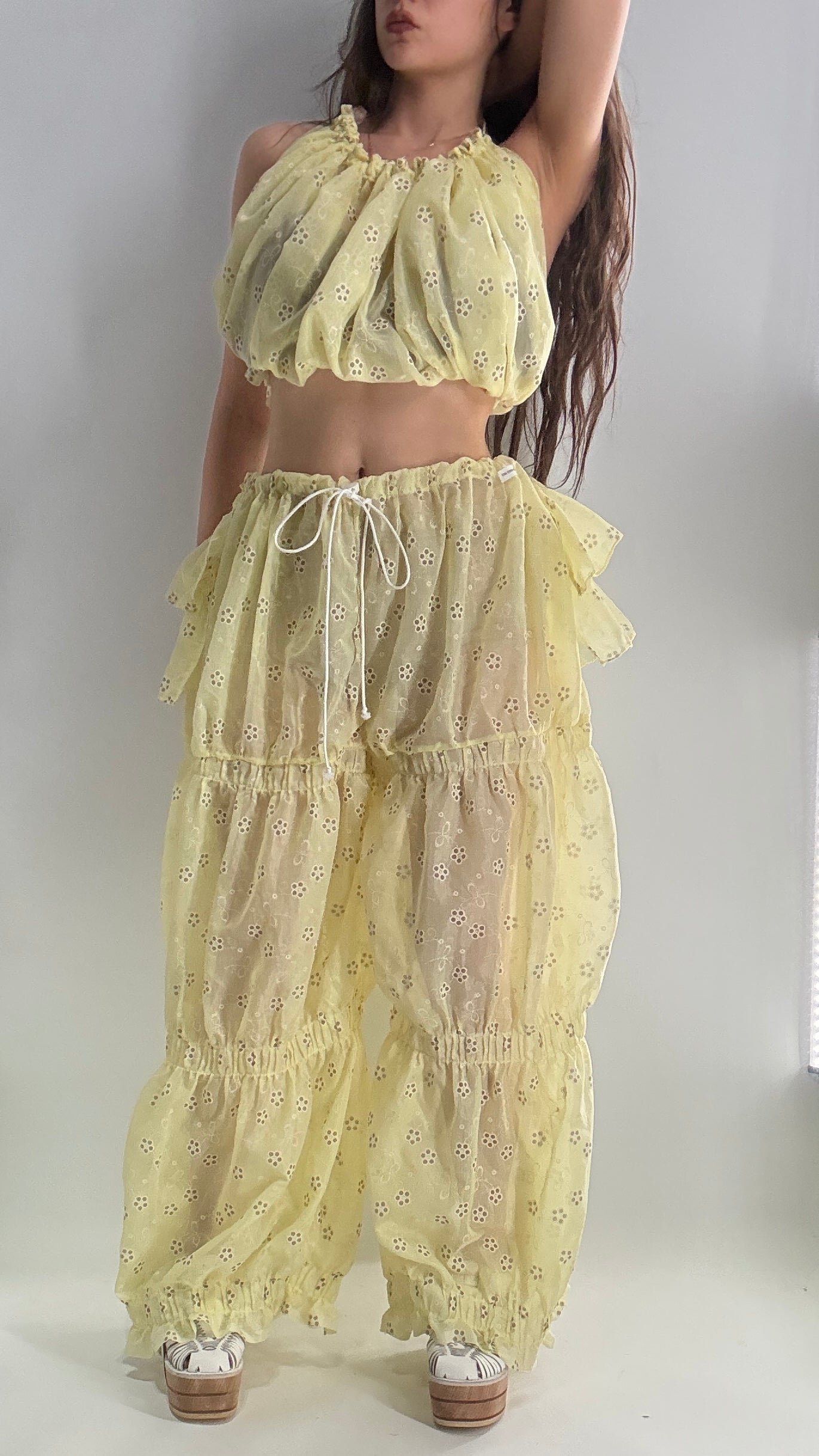 Vintage Handmade 2pc Baby Yellow Set with Tiered Pants, Ruffled Bum, and Floral Eyelet Pattern (XS-M)