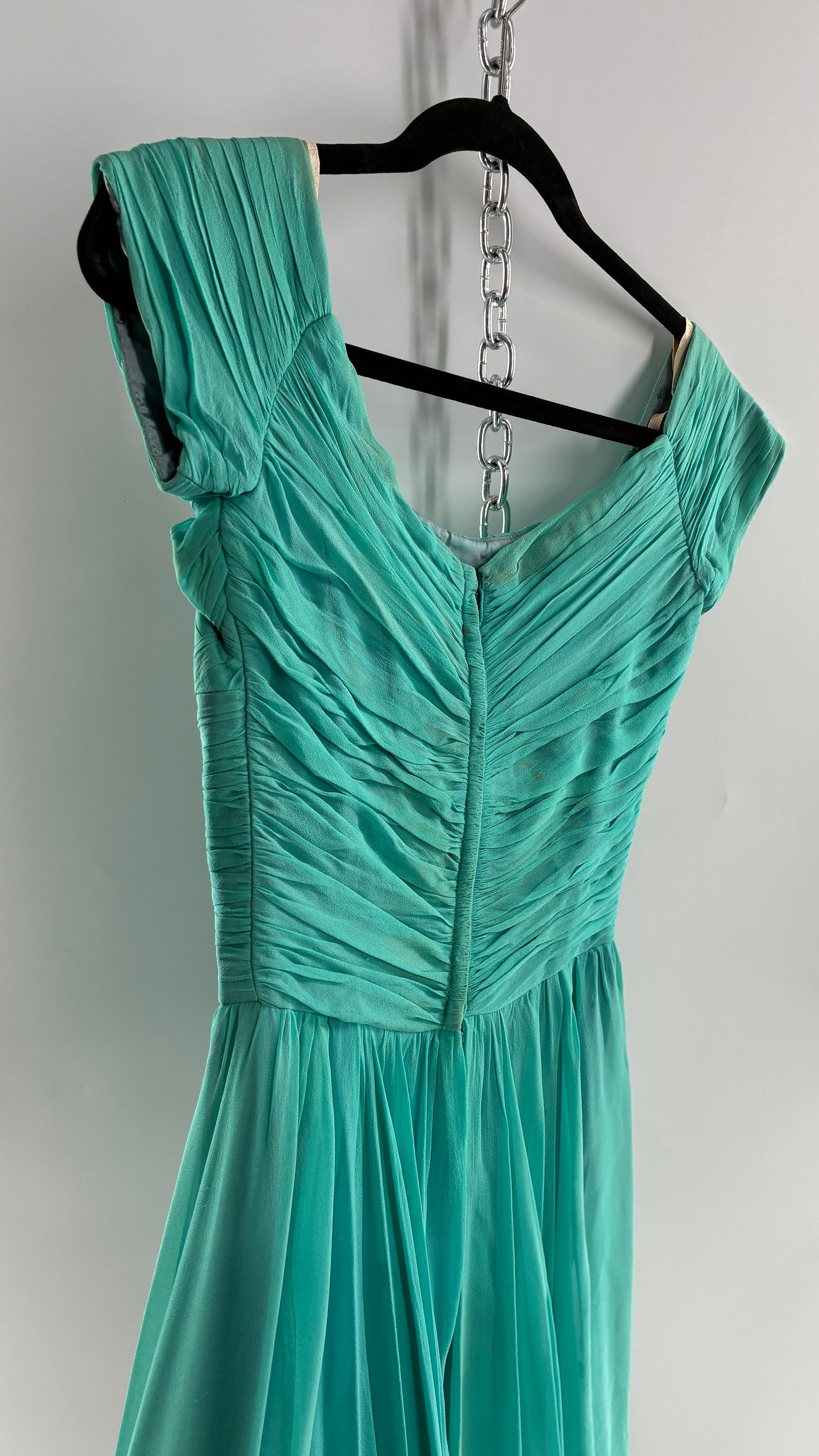 Vintage Teal Handmade Mini Dress with Pleated Basket Woven Bust (XS)