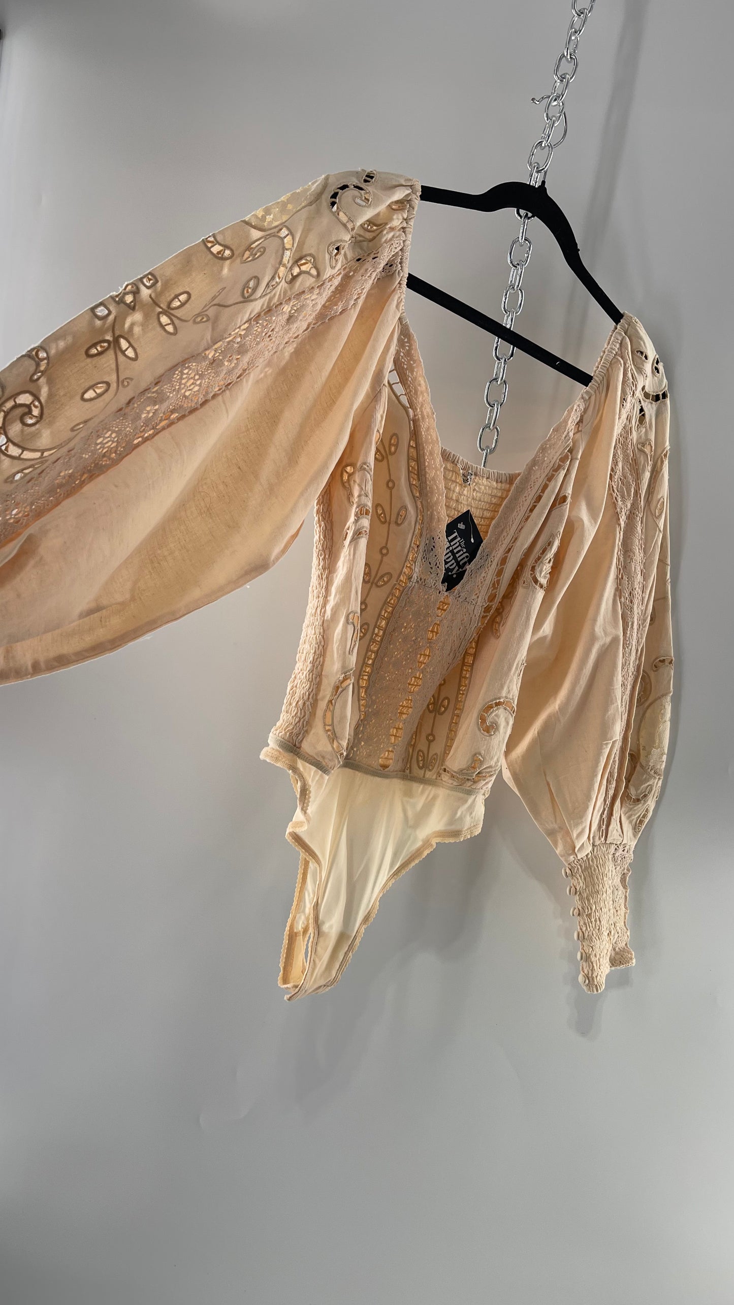 Free People Off White Cotton Bodysuit with Embroidered Lace Balloon Bishop Sleeve and Smocked, Buttoned Cuffs (Large)