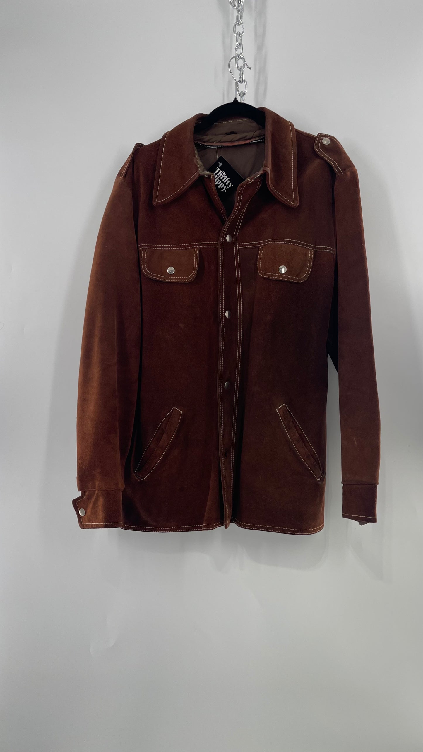 Vintage Brown Suede Jacket with Contrast White Stitching (C)(Large)