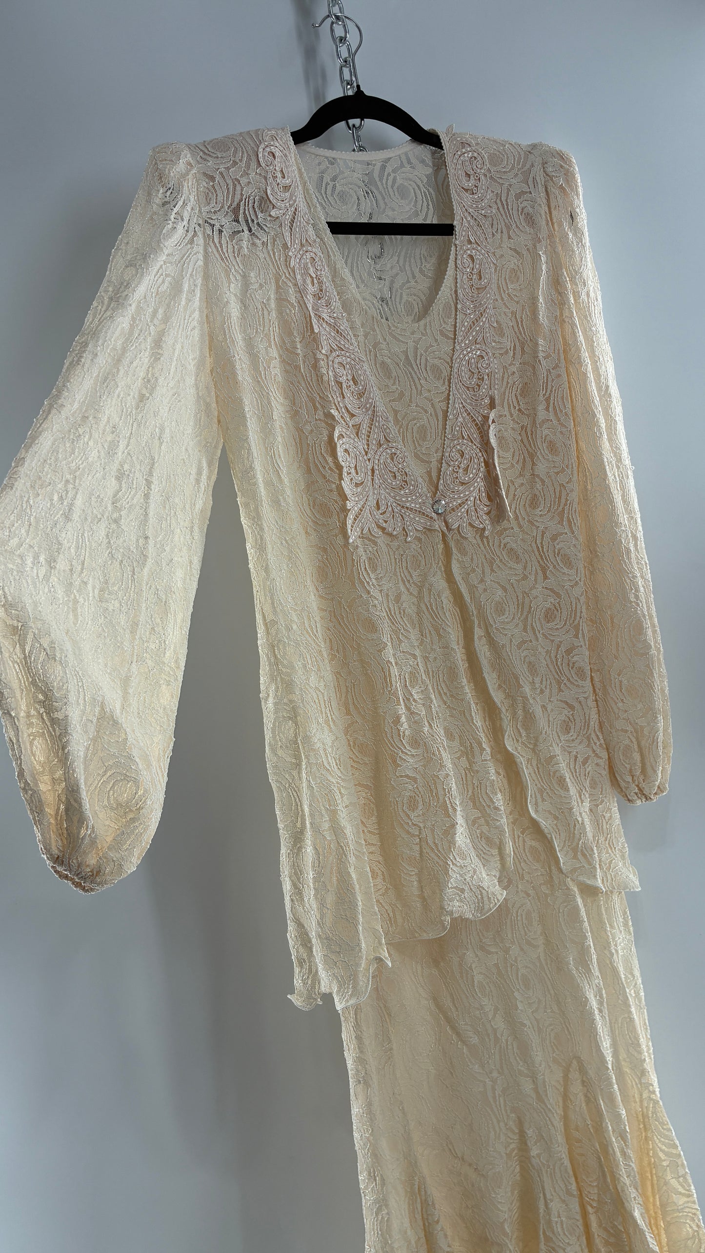Vintage SARA MIQUE New York Off White Maxi Dress and Balloon Sleeve Cardigan Set (M)