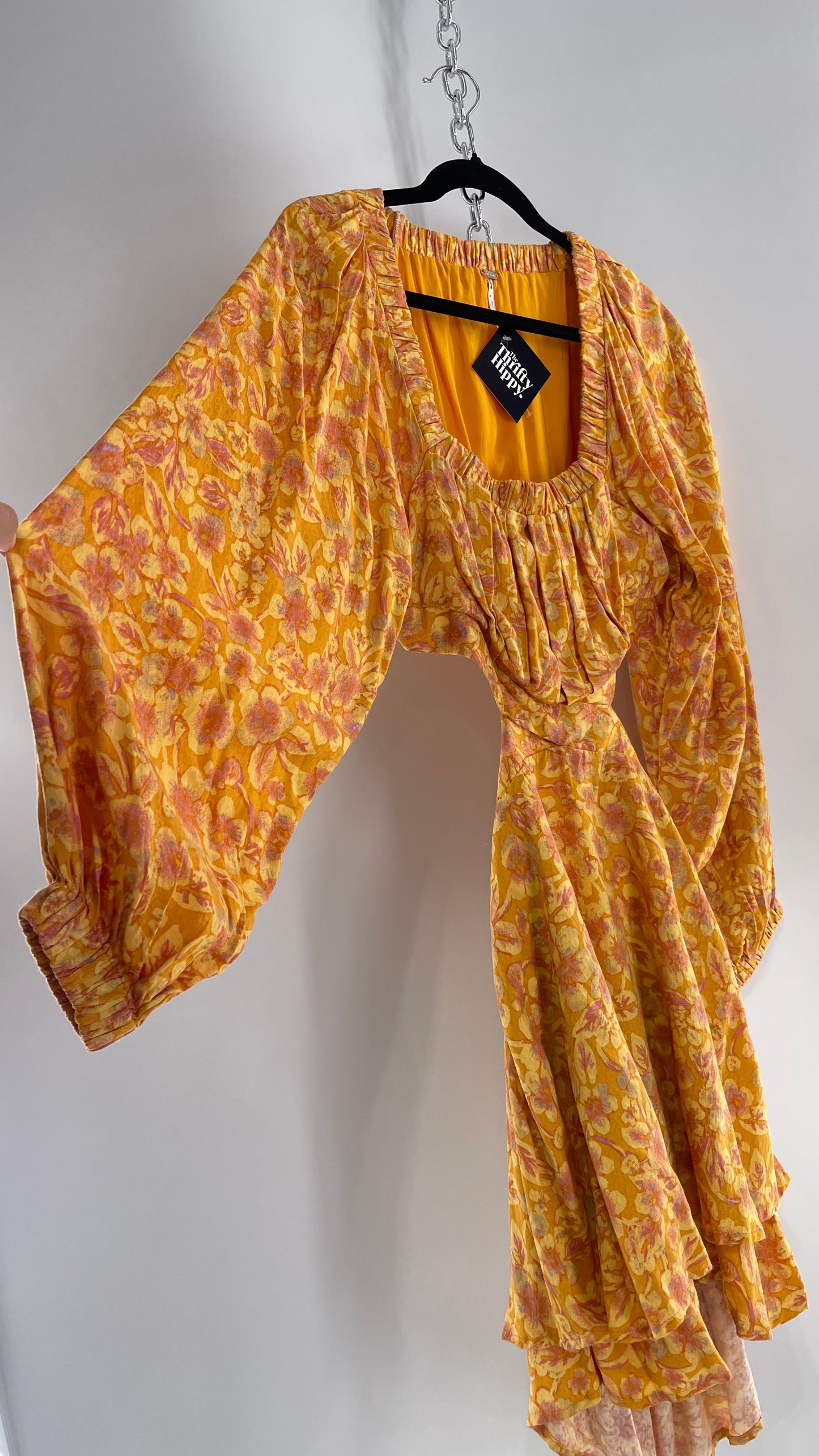 Free People Yellow Cut Out Golden Florals Dress with Ruched Bust and Balloon Sleeves (Small)