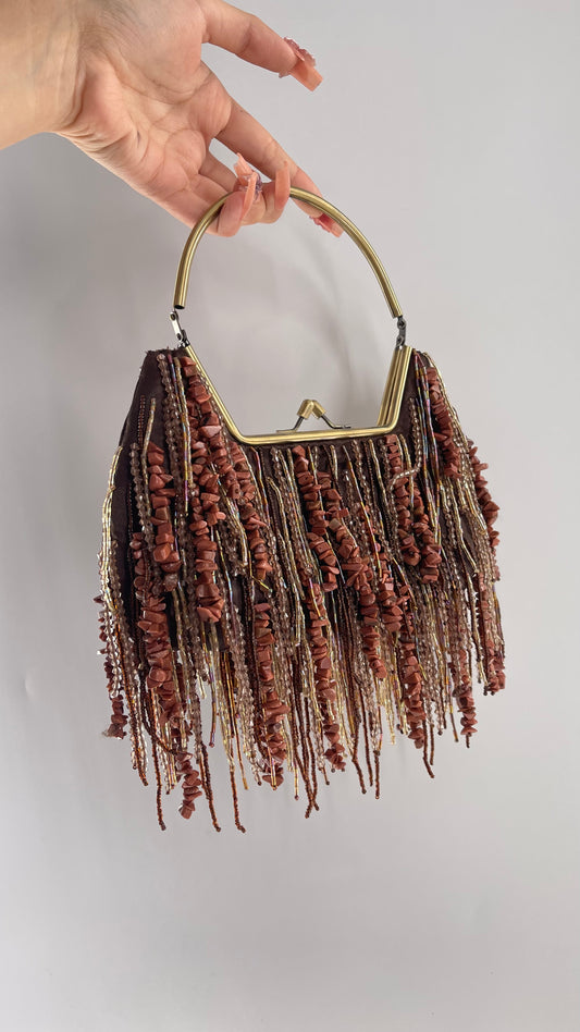 Vintage Purse Covered in Strands of Brown Beads and Reflective Stone Tassels