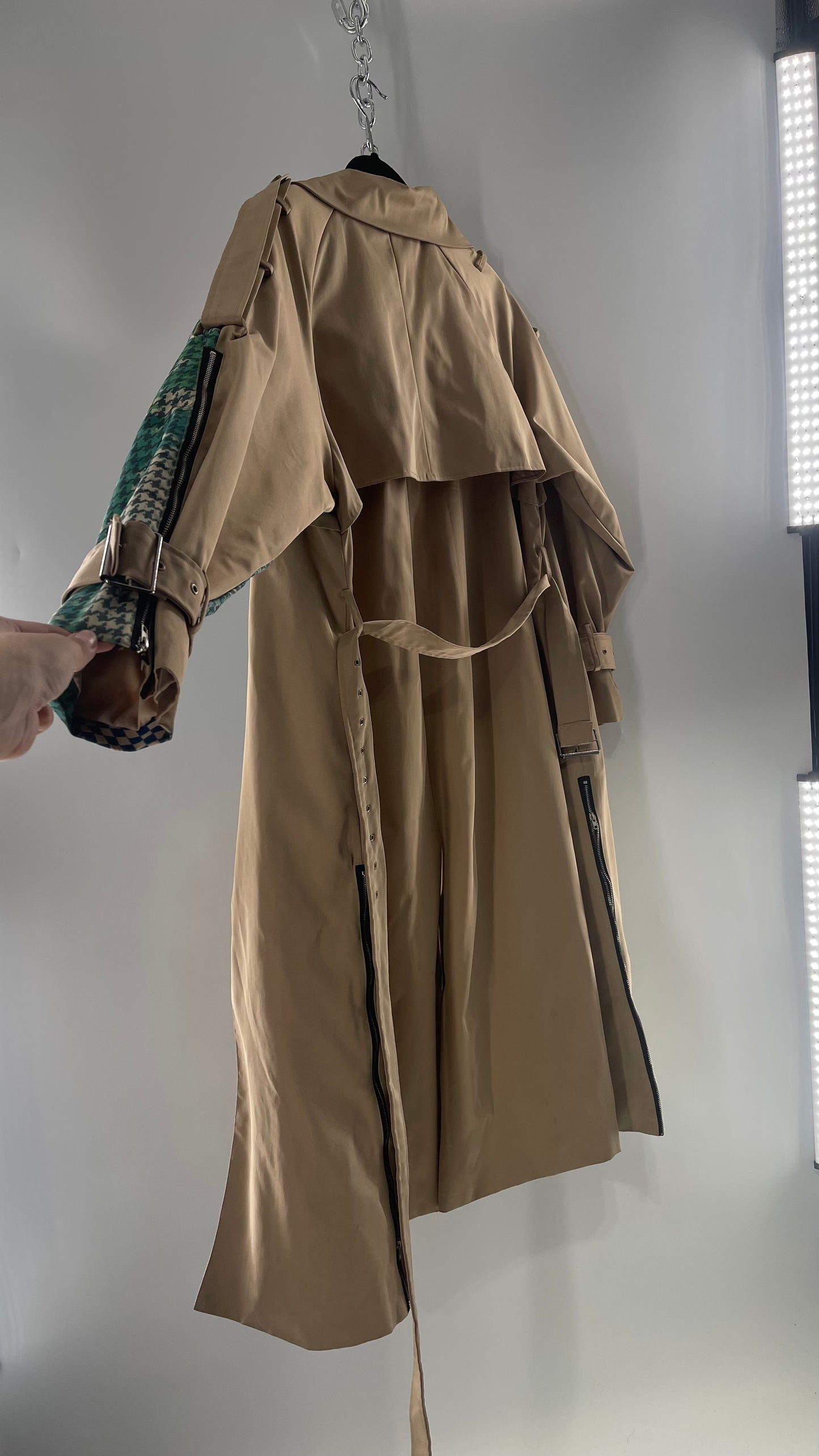 Tan Belted, Double Breasted Trench Coat with Plaid Colorful Graphics and Contrasting Black Zippers (C)(M)