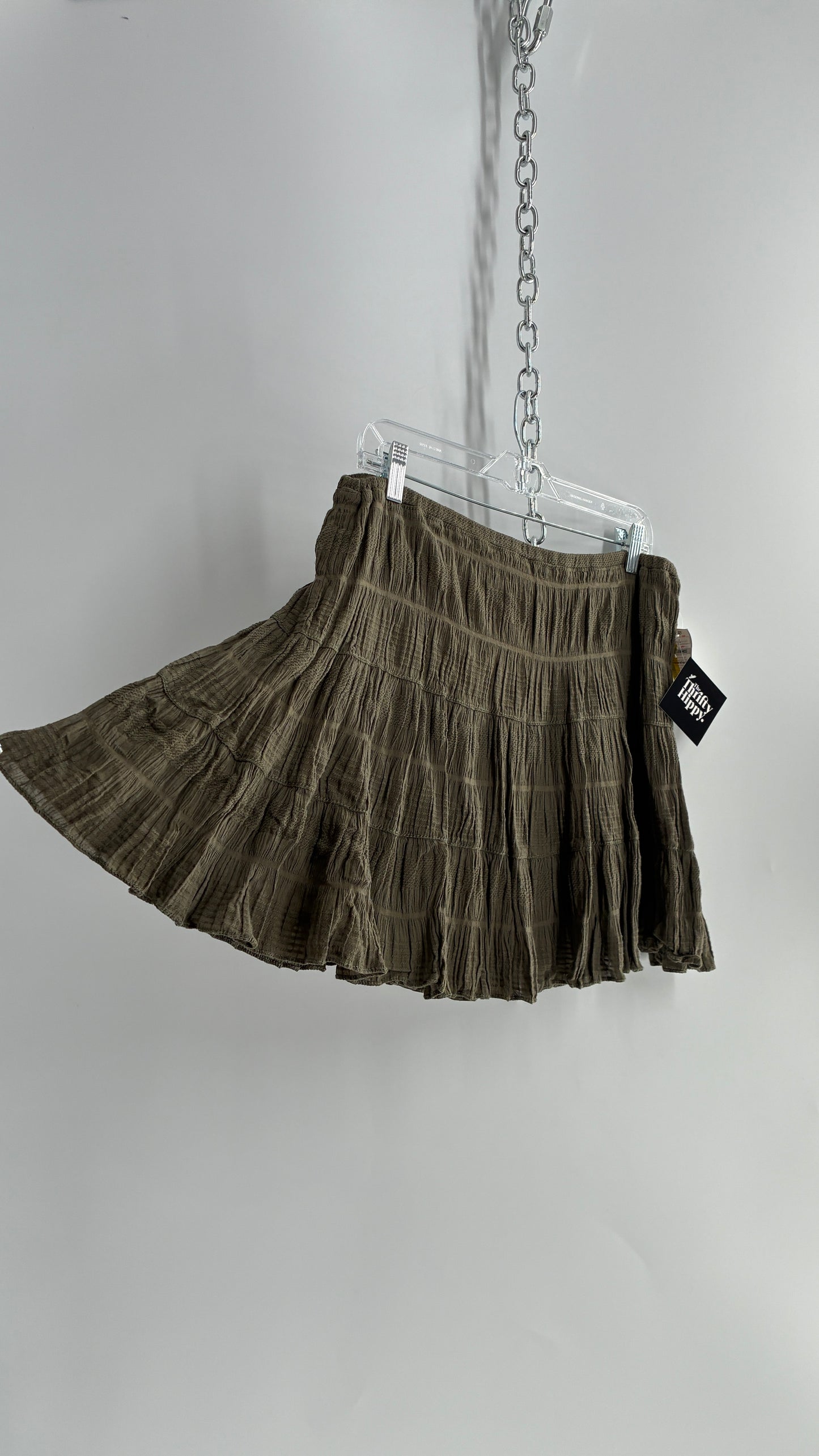 Deadstock Vintage FILENES BASEMENT Army Green Tiered Crimped Cotton Micro Mini Skirt (Large)
