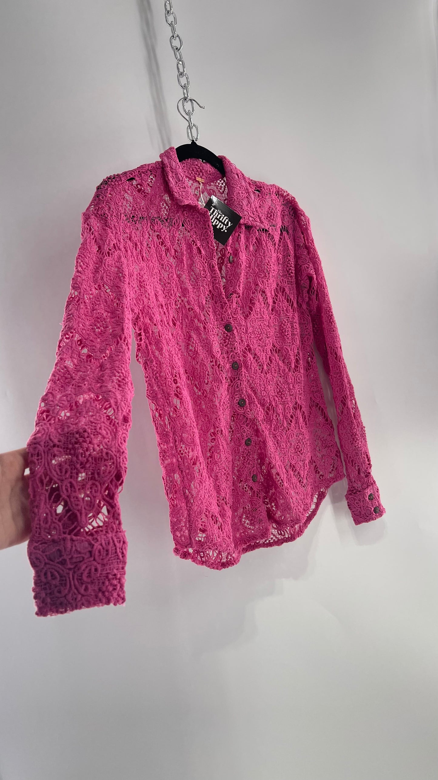 Free People Until Sunday Fuchsia Purple/ Pink Thick Lace Button Front Blouse with Coconut Buttons (XS)