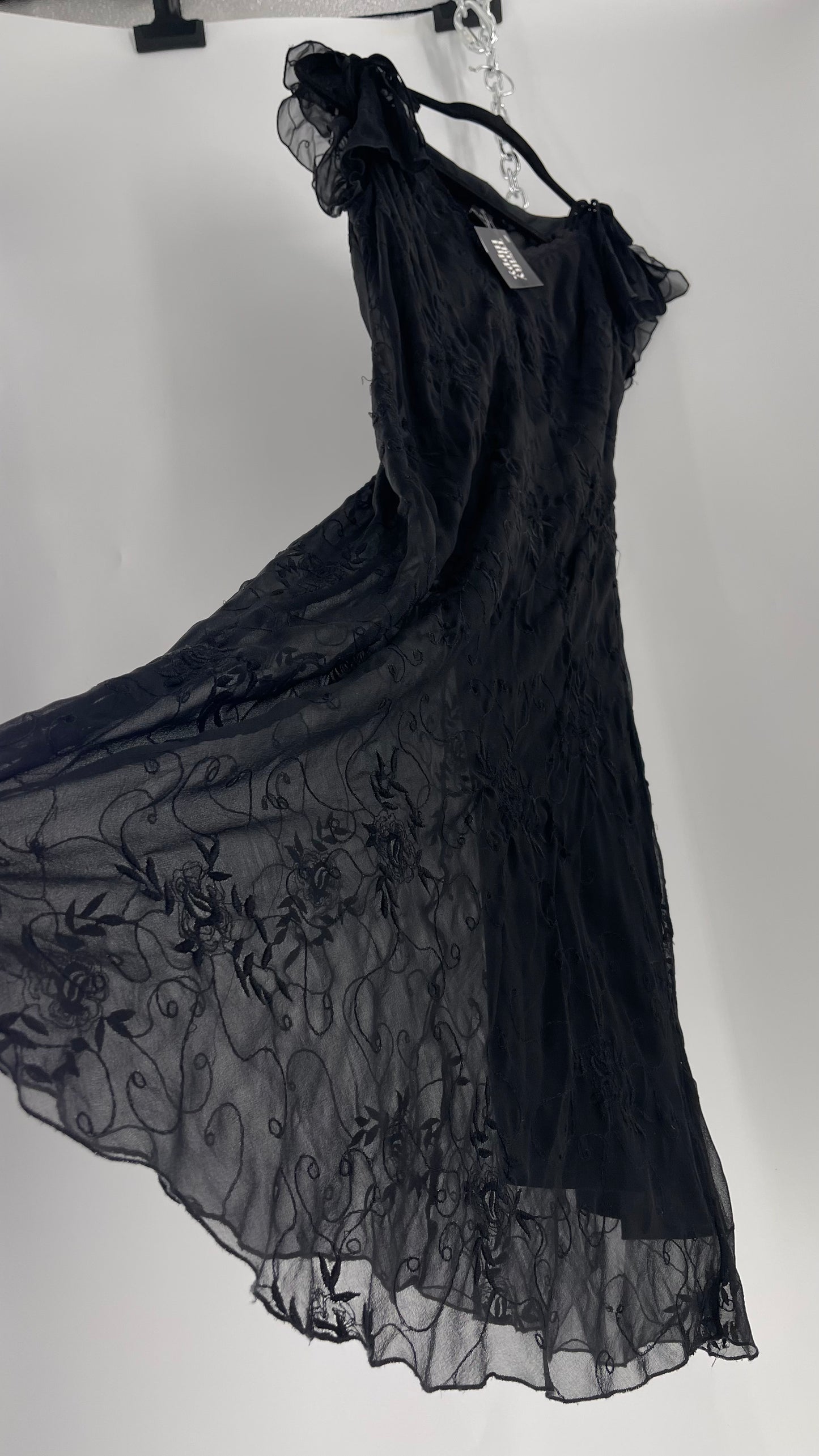 Vintage Jonathan Martin 100% Silk Black Embroidered MIDI Dress with Tie Shoulder Detail (10)