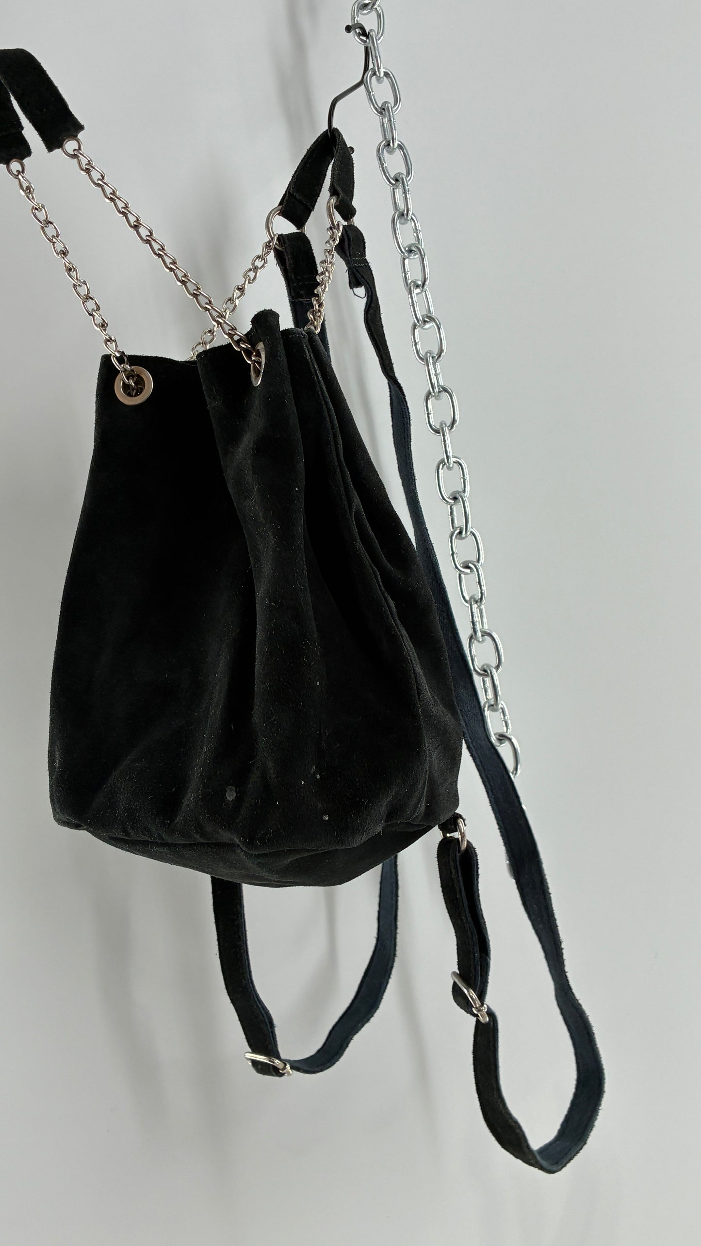 Black Genuine Suede Convertible Chain Link Backpack