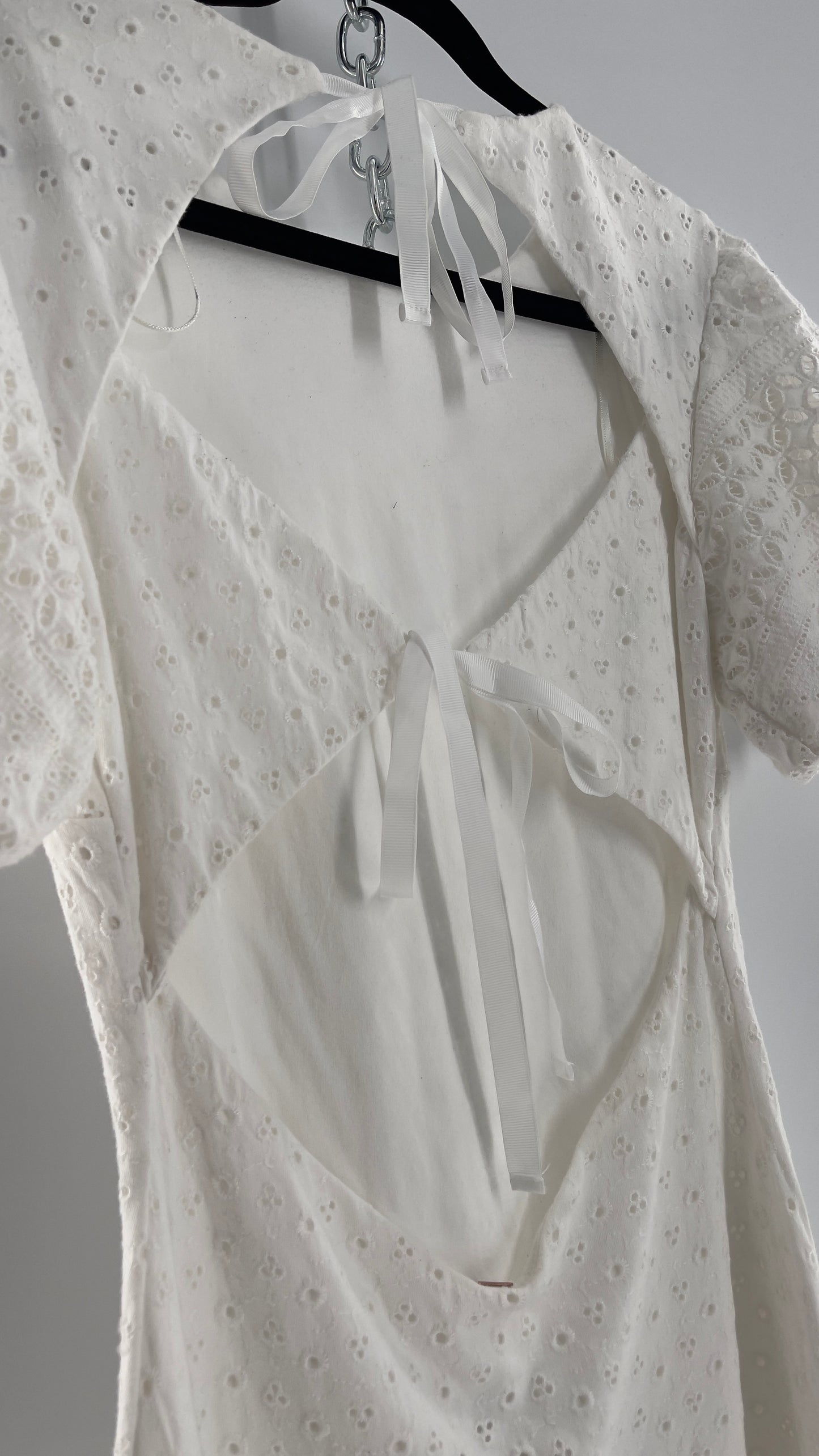 Free People White Eyelet Mini Dress with Puff Sleeve and Open Back (XS)