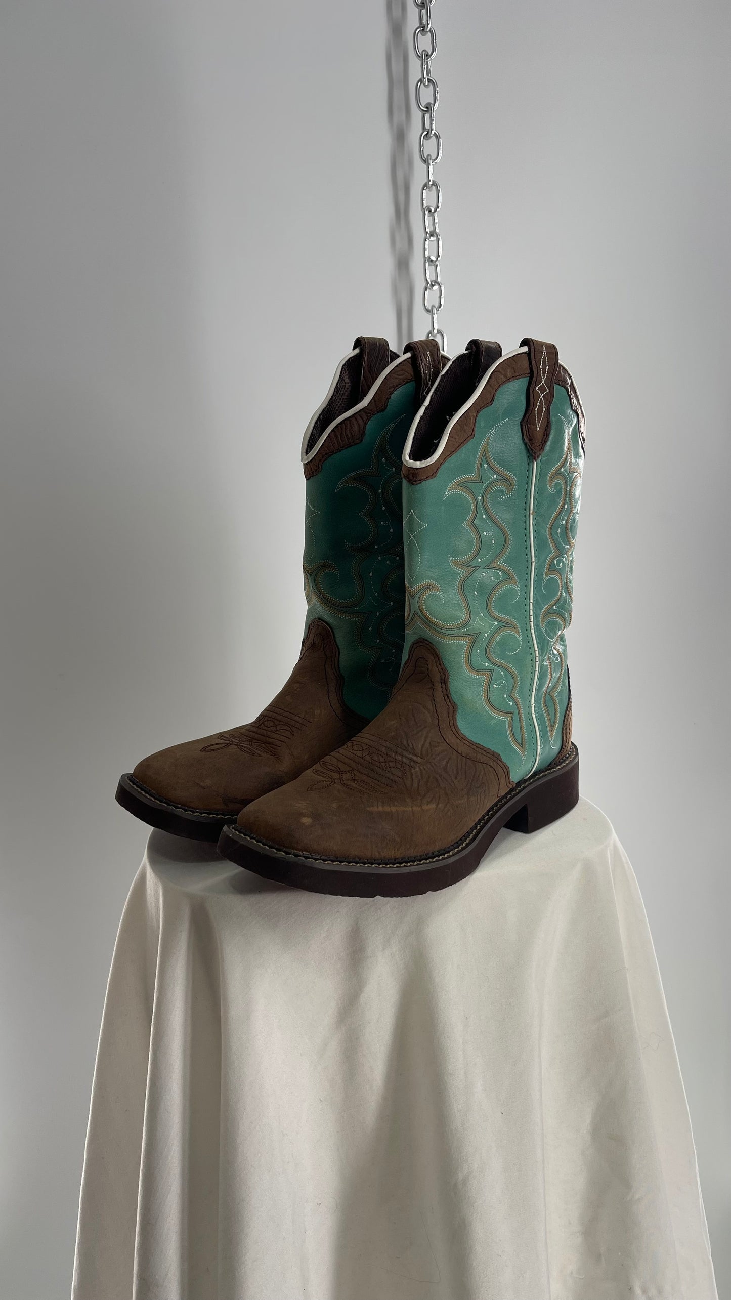 Vintage Justin Gypsy Brown Leather Turquoise Raya Cowboy Boots (8.5B)