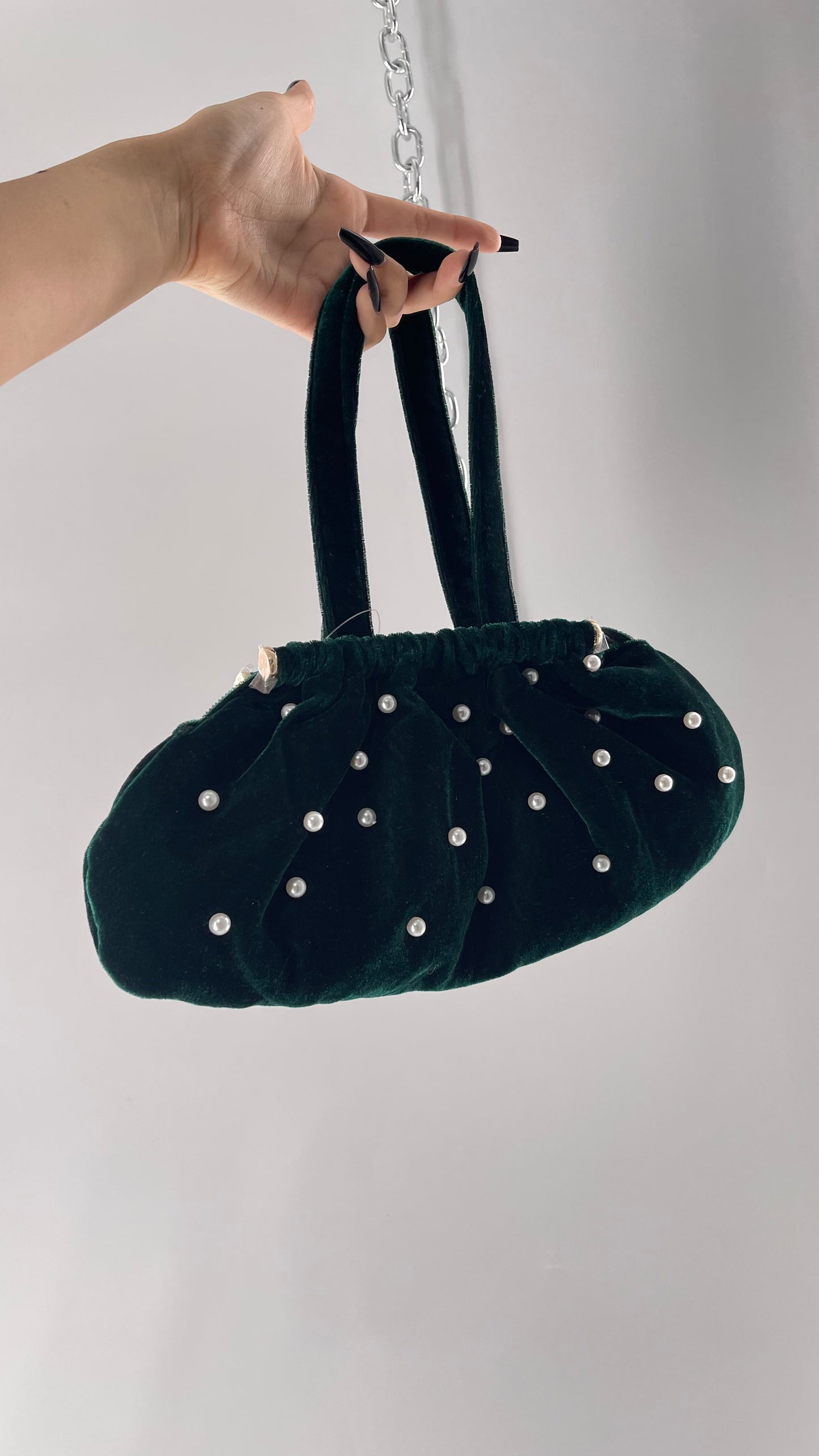 Vintage Deep Green Velvet Purse Covered in Pearls, and Featuring Gold Metal Closure Still Lined in Protective Plastic