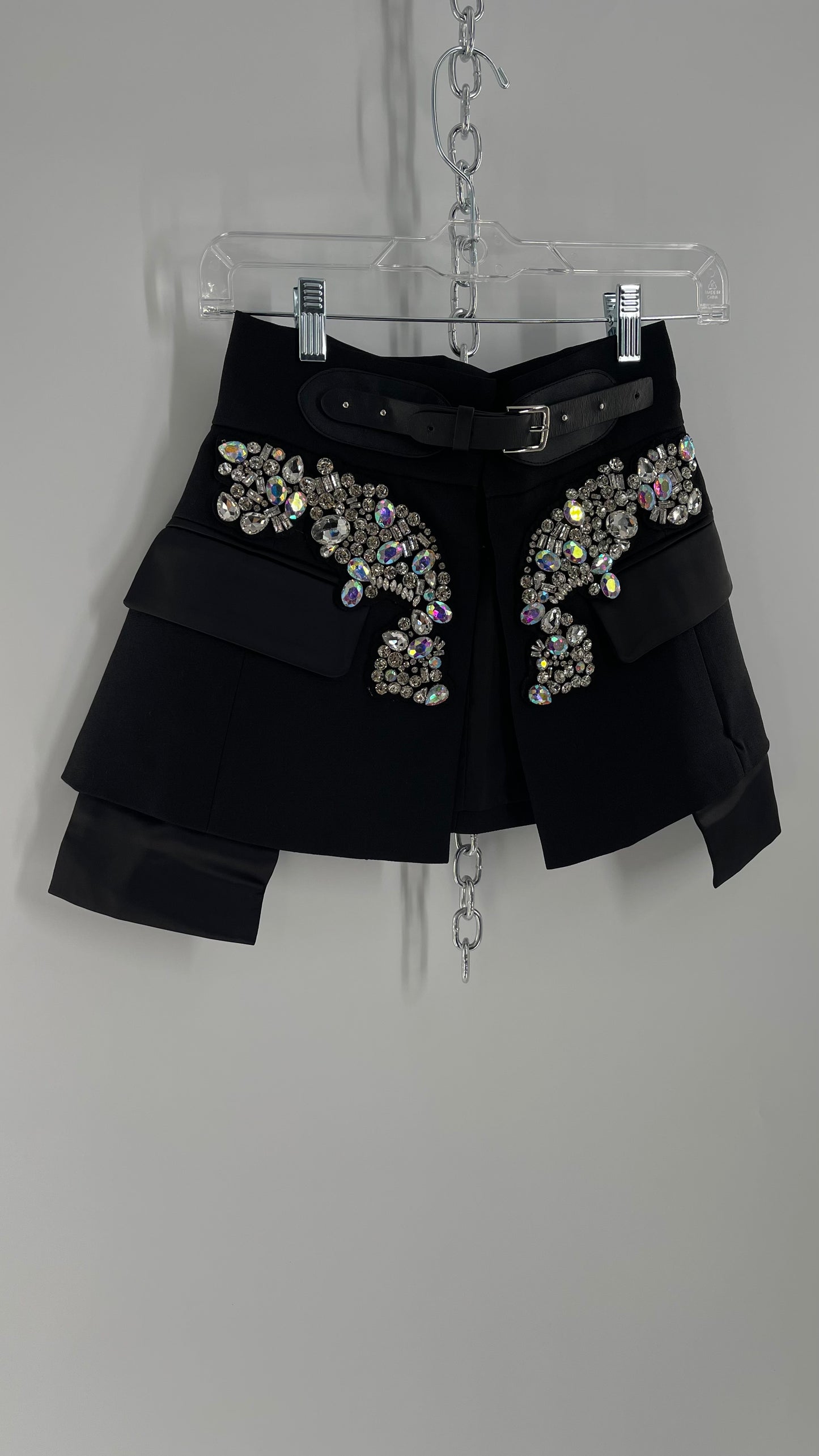 Black Skirt Belt Covered in Crystal Embellishments with Satin Flap Pockets (Medium)