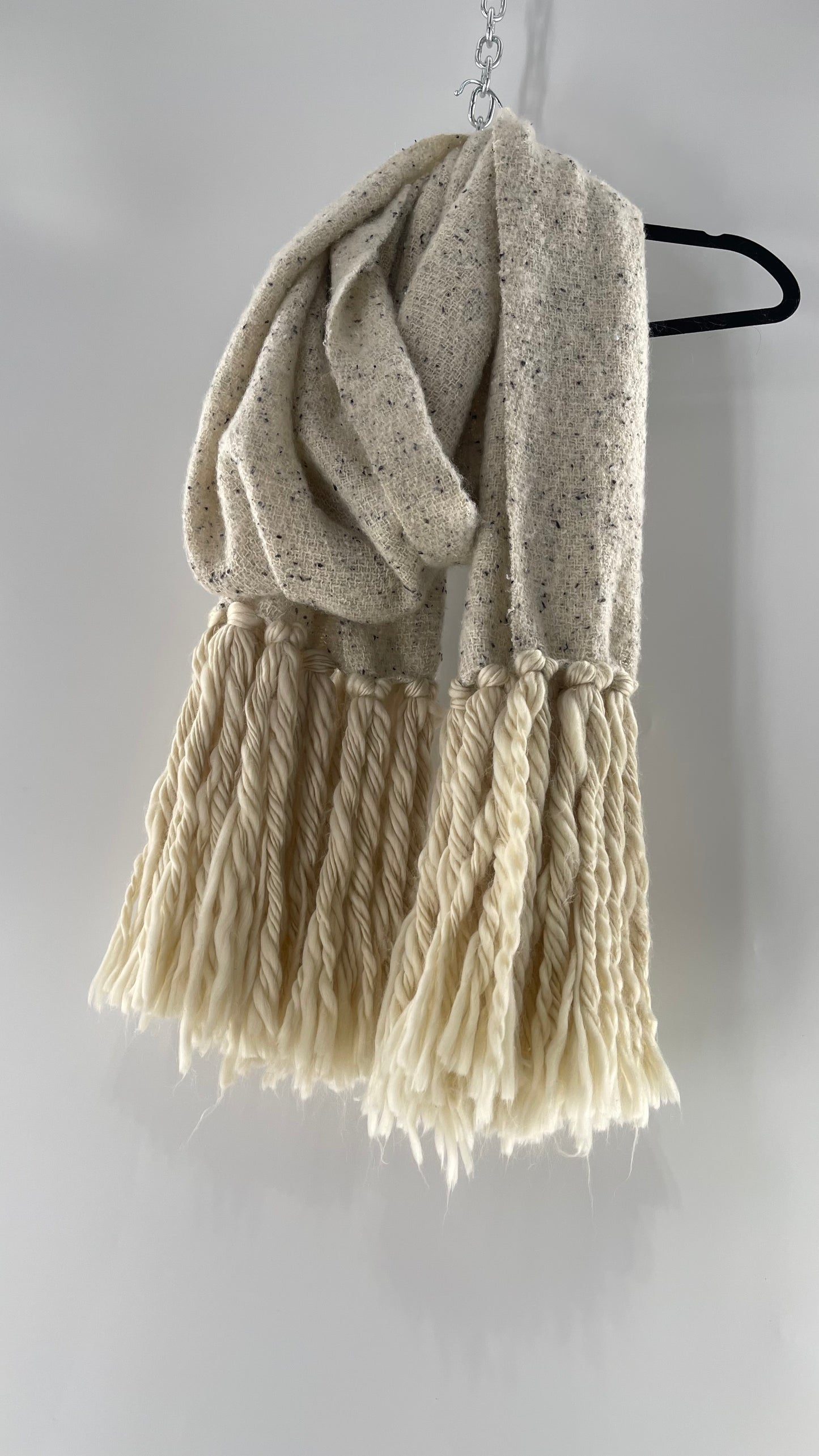 Anthropologie White/Off White Heavy Knit Cold Weather Scarf with Braided Fringe with Tags Attached (One Size)
