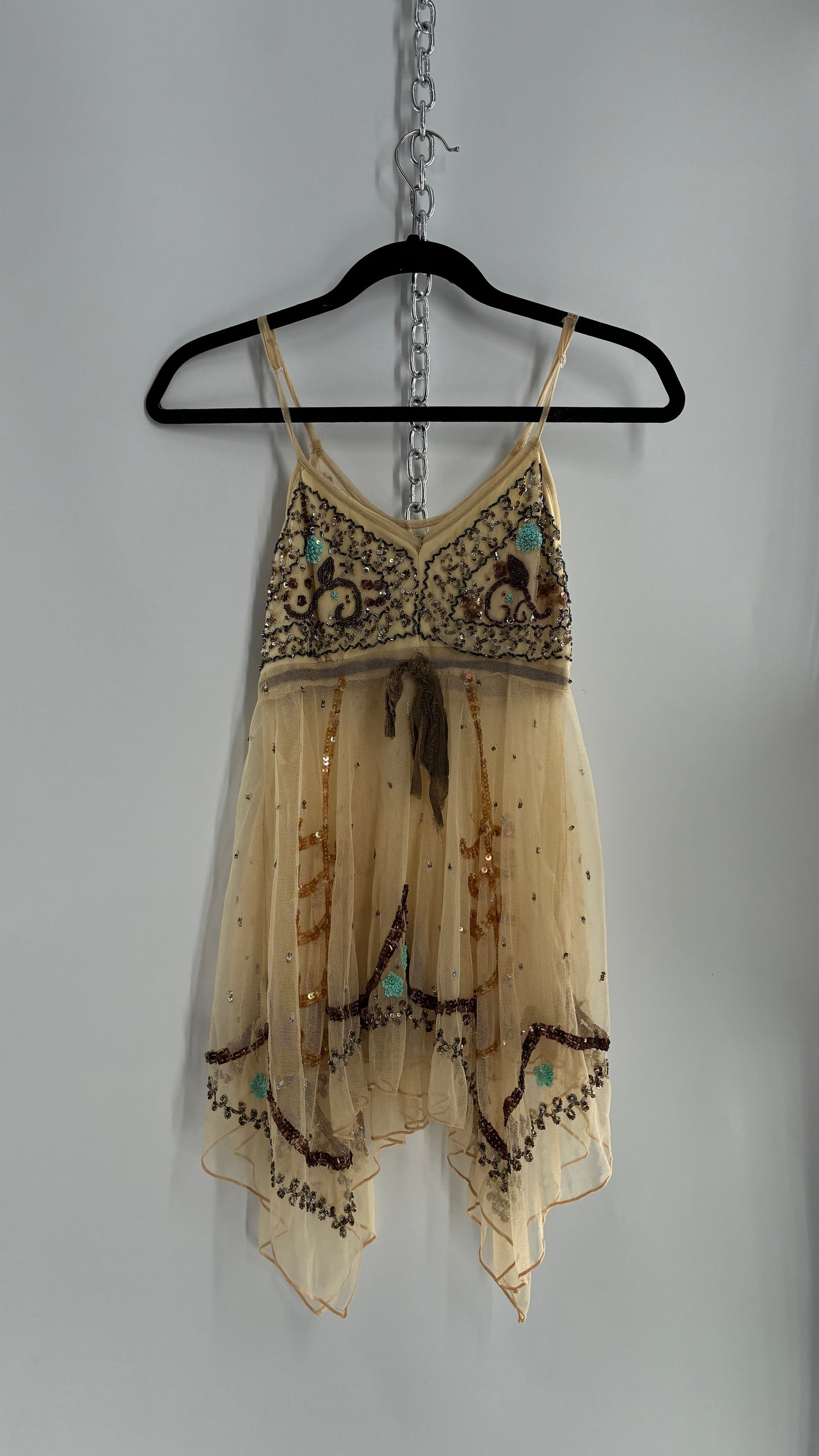 Handmade Beige Handkerchief Camisole with Hand Beaded Details (XS)