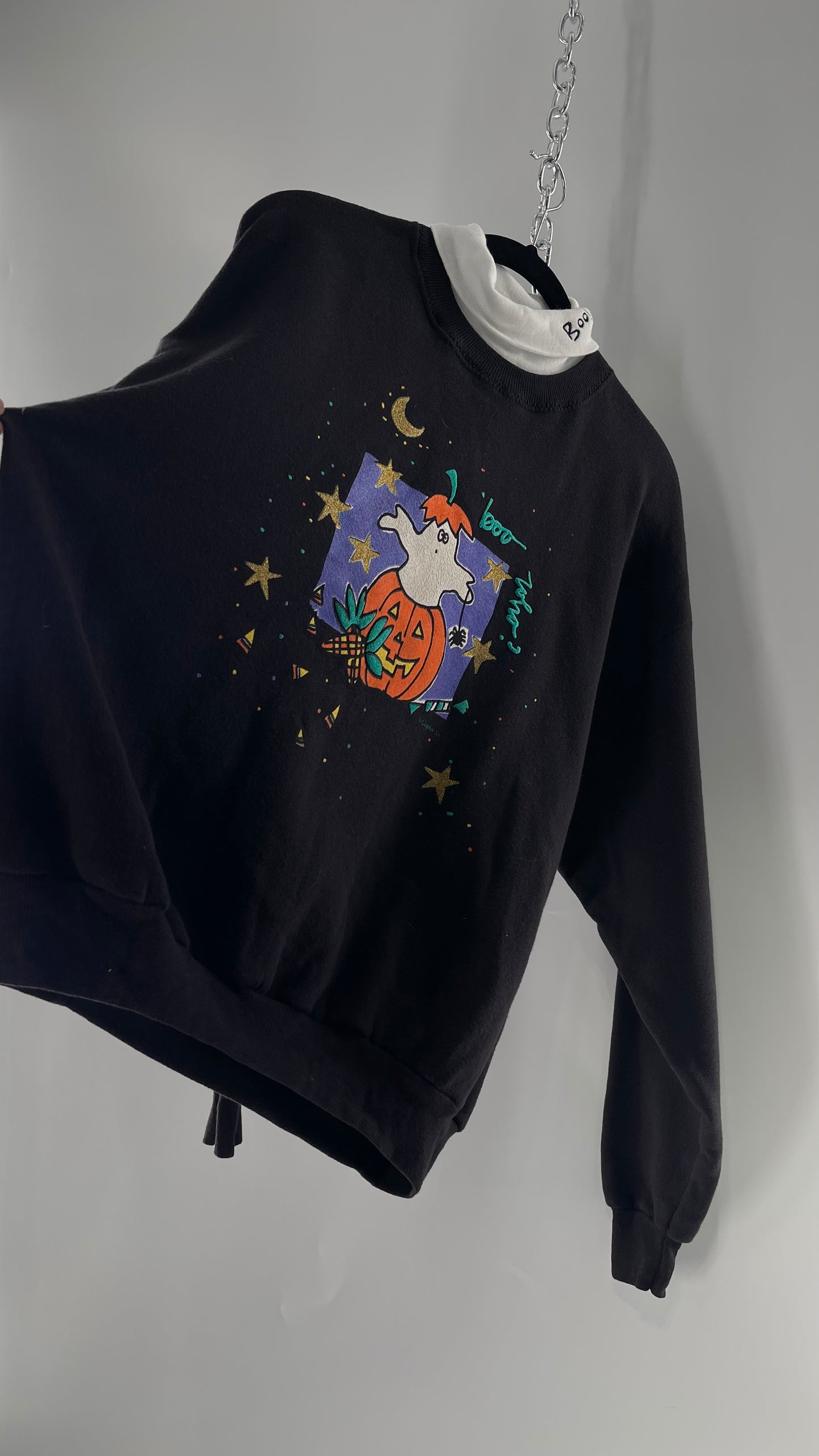 Vintage Black Halloween Graphic Crewneck with White Turtleneck Detail and Boo Embroidery (Large)