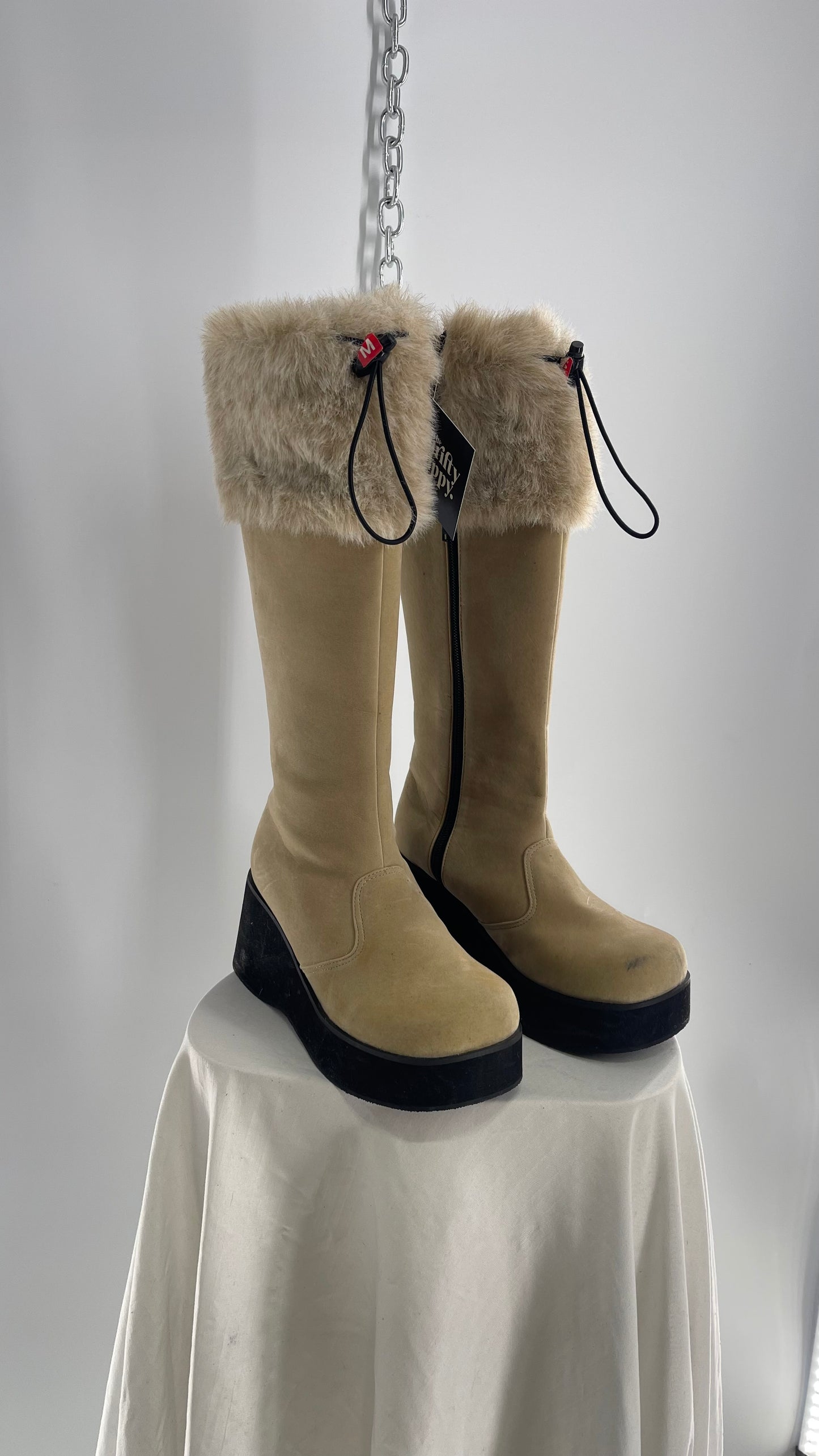 Vintage Faux Fur Trim Tan Platform Wedge Knee High Boots (6)