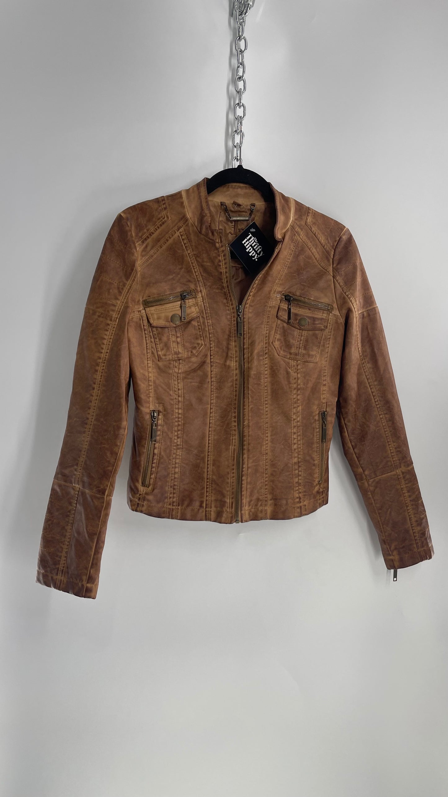 Vintage Brown Vegan Leather Distressed Motorcycle Jacket (Small)