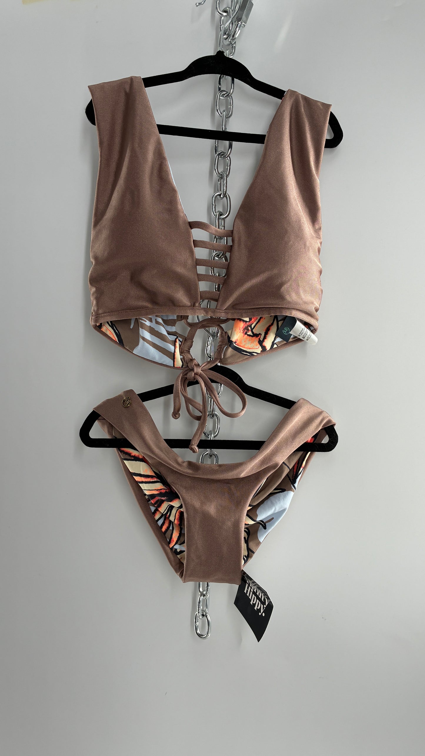 NWOT MAAJI Tan and Tropical Patterned Reversible Swim Set (L Top, XS Bottoms)