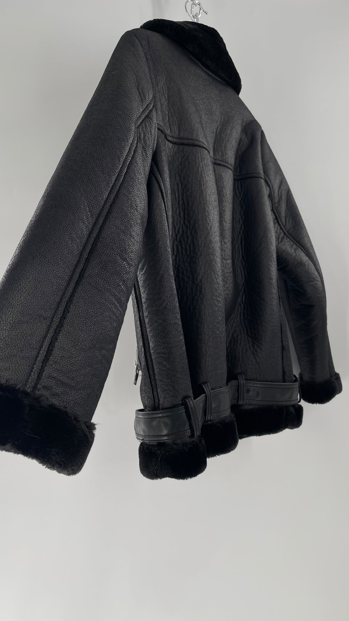 H&M (C) Black Faux Leather Moto Jacket with Faux Fur Lining (10)