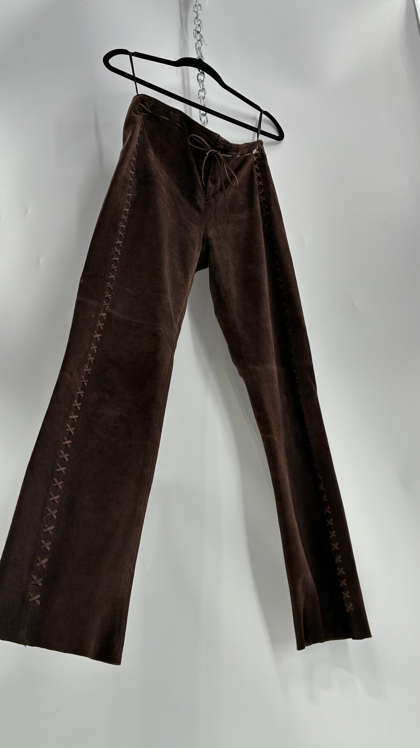 Vintage FOR JOSEPH Low Rise, Chocolate Brown Suede Pants with Leather Stitch Sides and Bow Closure (28)