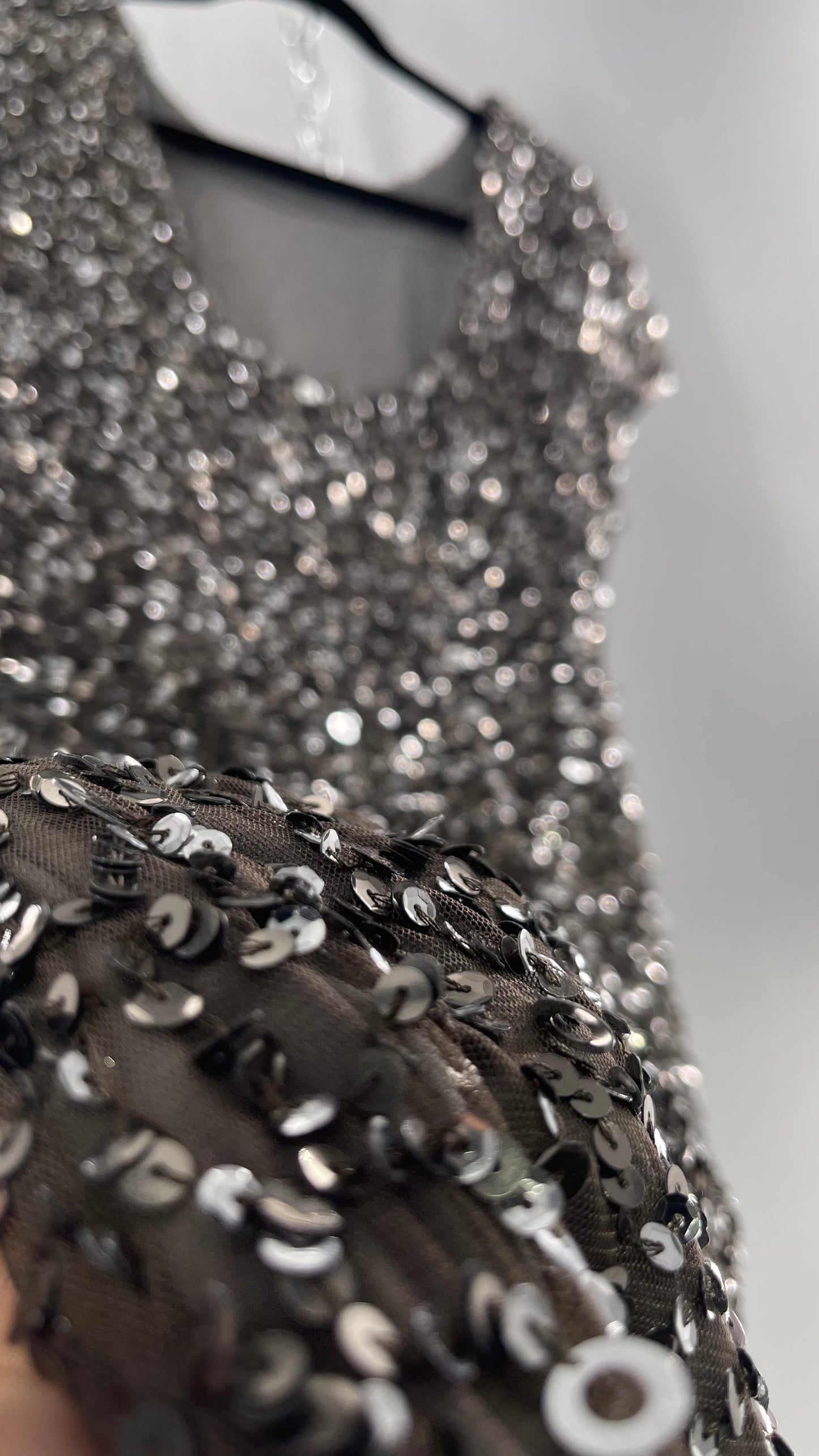 Adriana Papell Grey/Silver Short Sleeve Mini Dress Covered in Beads and Sequins (6)