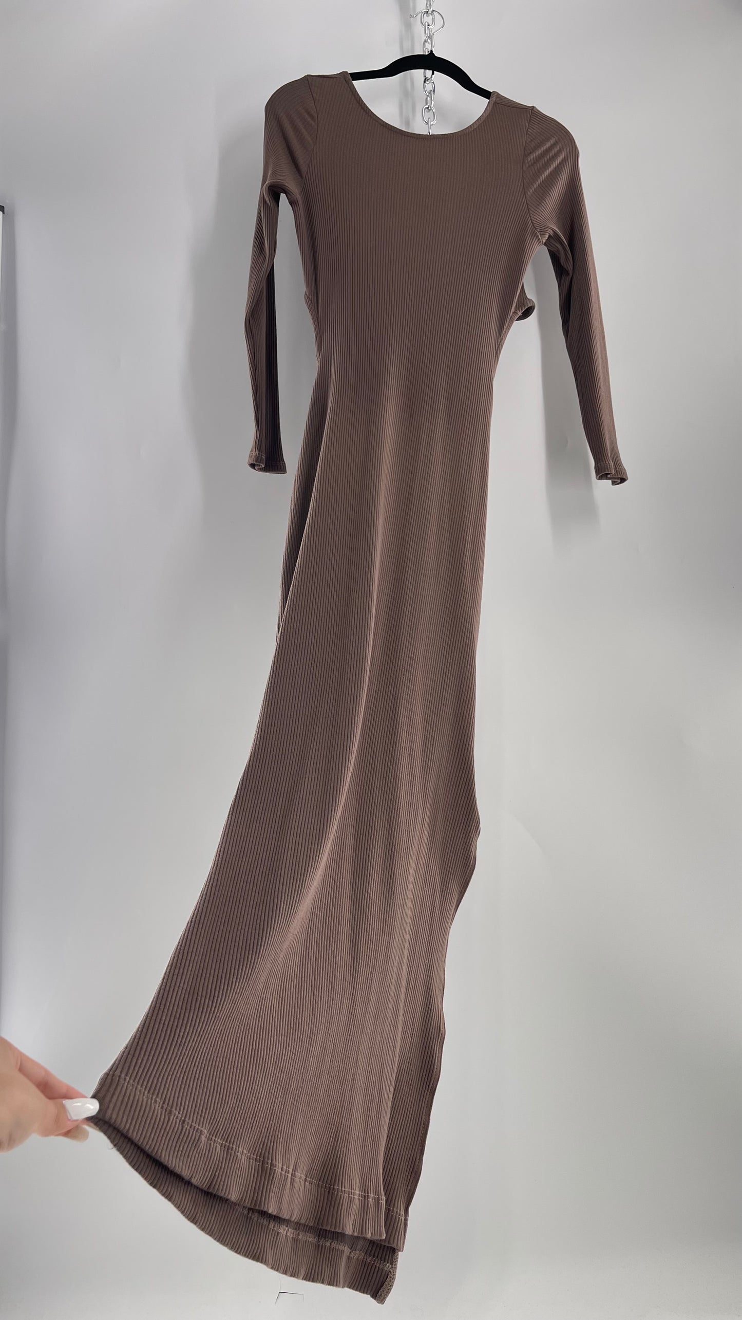 Free People Brown Ribbed Maxi Dress with Low Open Back and Dramatic Tie Detail (Large)