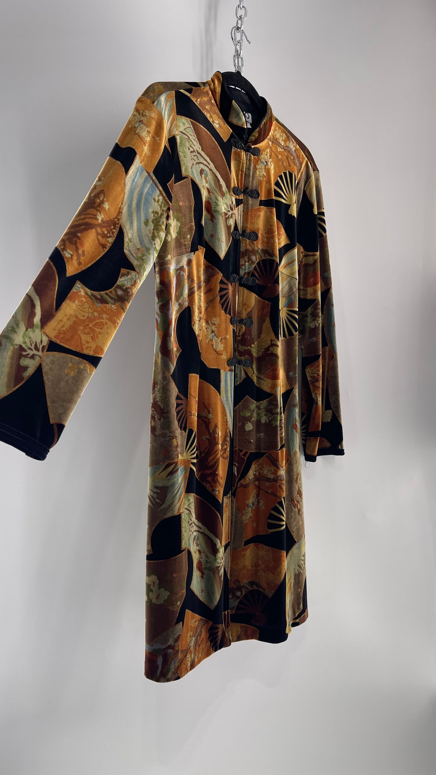 Vintage CLIO 1990s Black Velvet/Velour Fan Patterned Duster Coat (Medium)