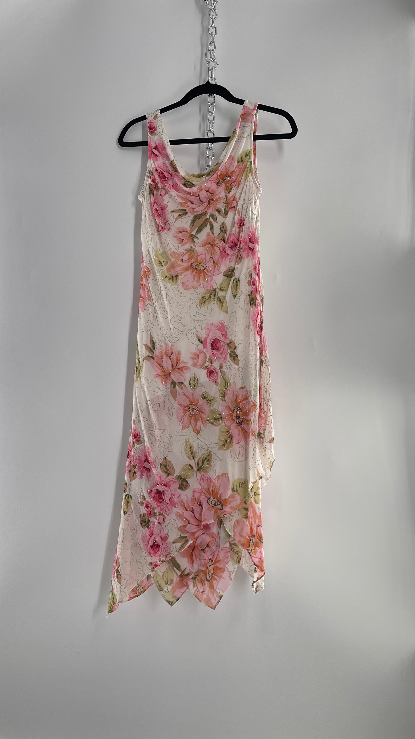 Vintage Eva Blue Pink Floral Draped Neck Sleeveless MIDI with Beading (10)