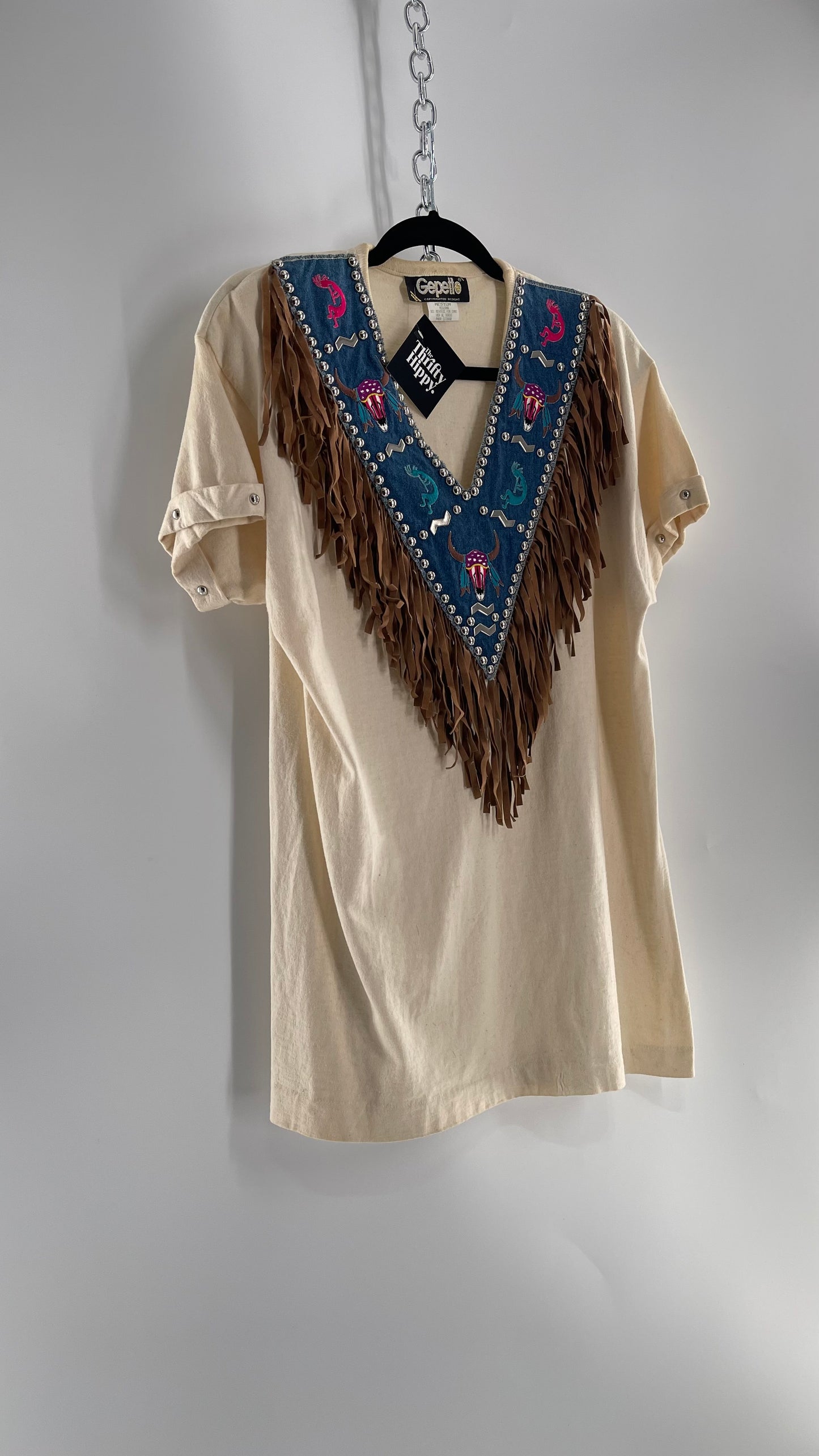 Vintage 1980s GEPETTO Off White Rodeo Western T Shirt with Denim Lined V Neck, Faux Leather Fringe Detail, Embroidery, and Heavy Duty Studs
