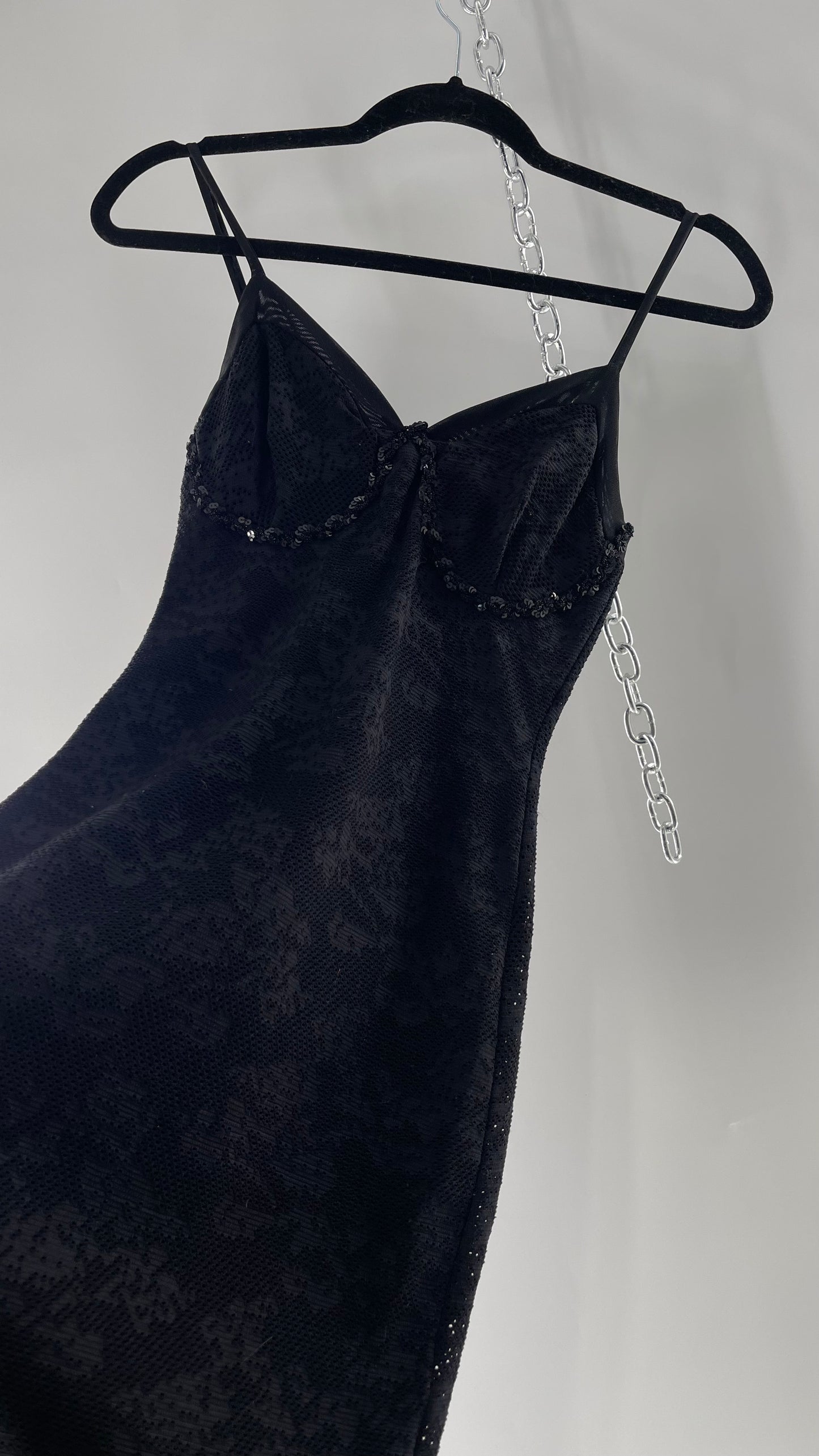 Vintage Black Lace Bodycon Dress with Sequin Underbust Detailing (XS)