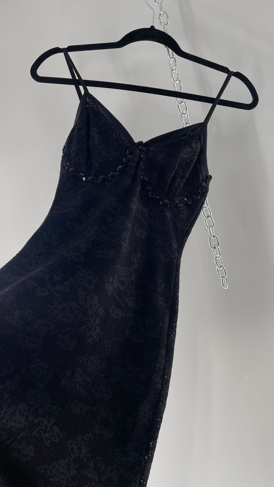 Vintage Black Lace Bodycon Dress with Sequin Underbust Detailing (XS)