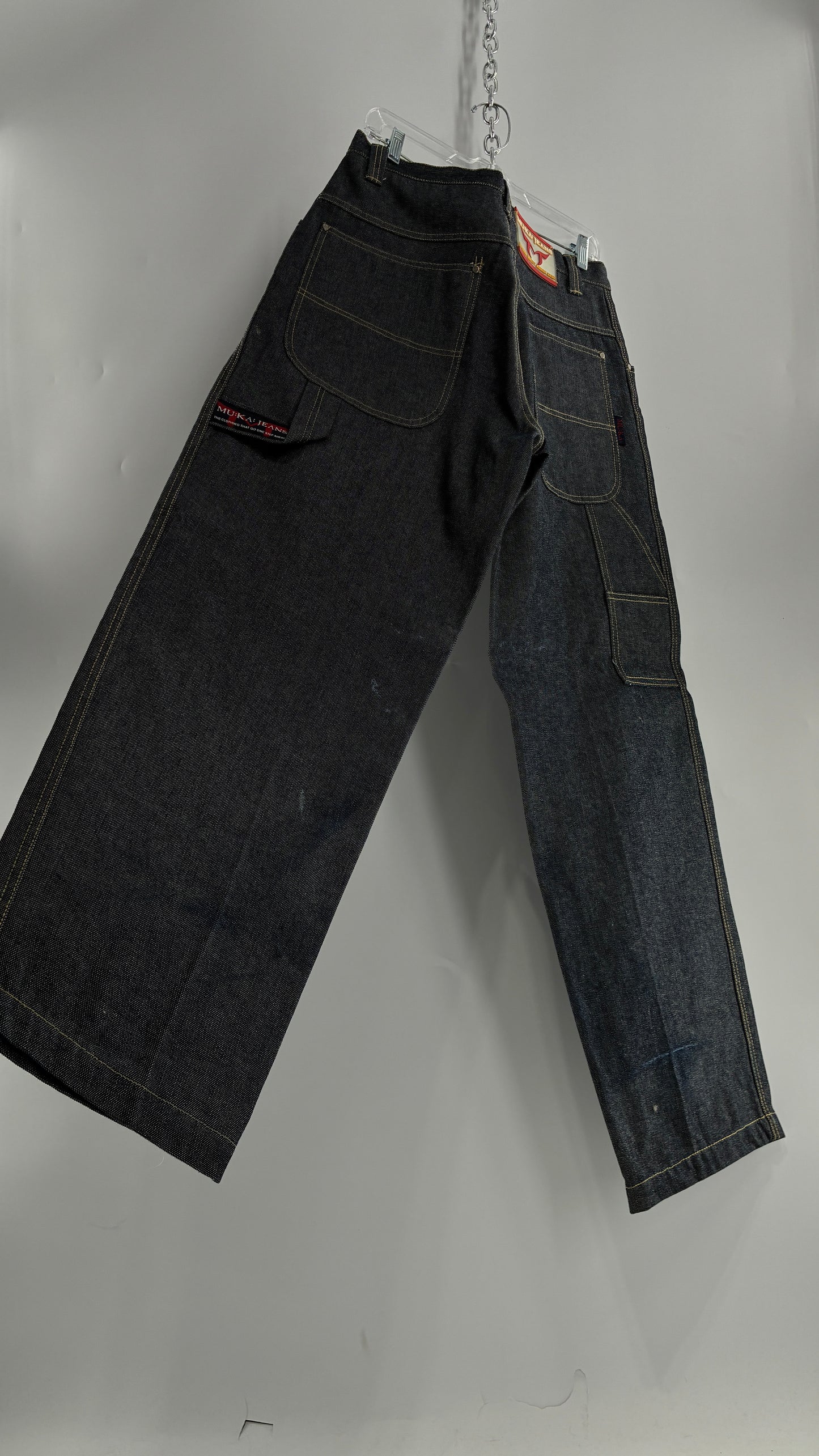 Vintage 1990s MU:KA: JEANS Men’s Dark Wash Japanese Style Denim Baggy Straight Legs and Oversized Jacket Set (L, 32x32)