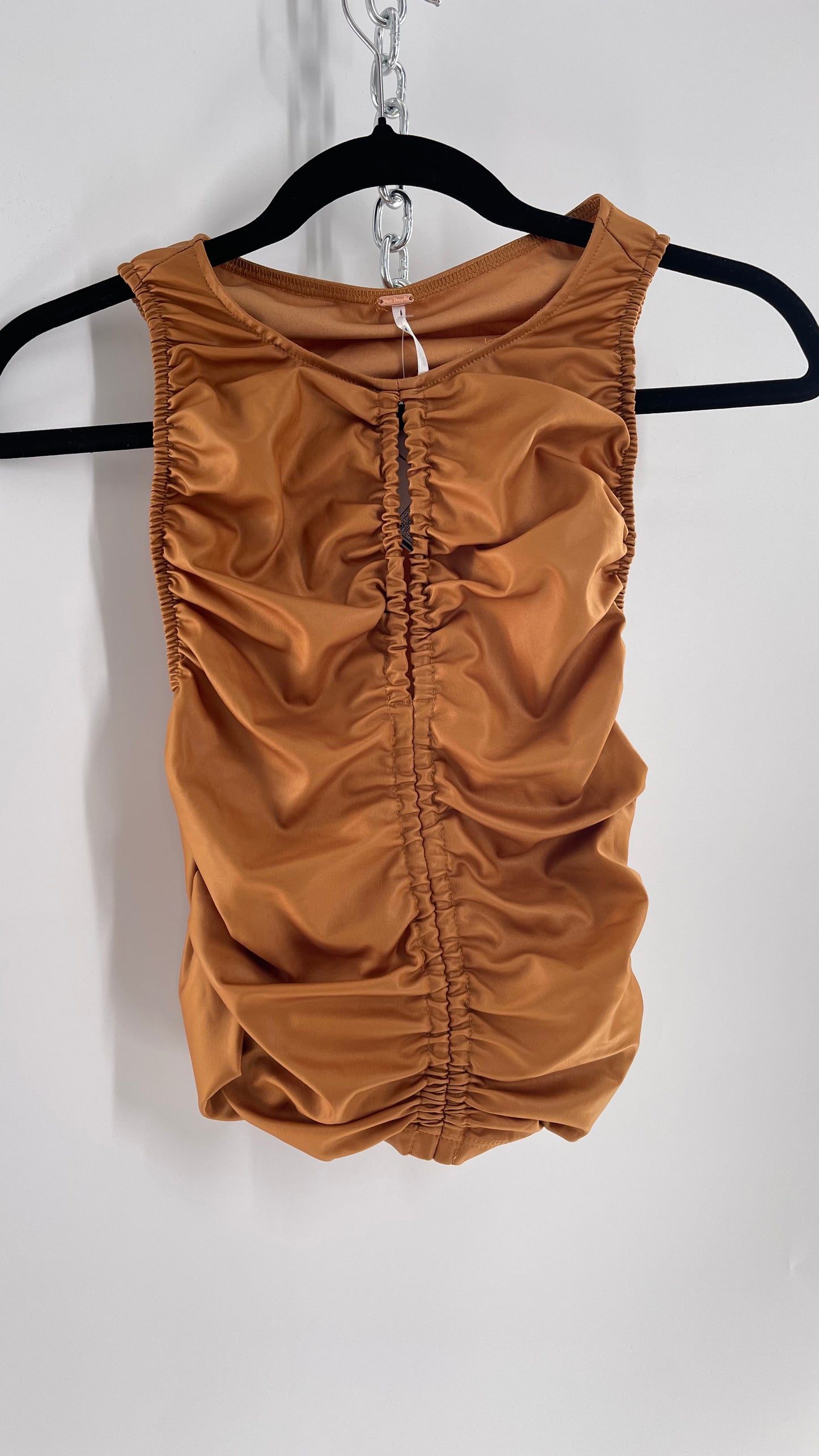Free People Faux Leather Cognac Ruched High Neck Tank with Bust Cut Out (S)