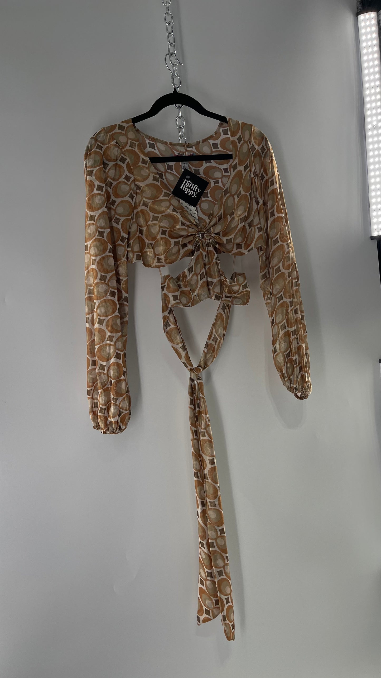Urban Outfitters Shimmer Top Balloon Sleeve Gold Retro Print Cut Out Tie Around Blouse (Medium)