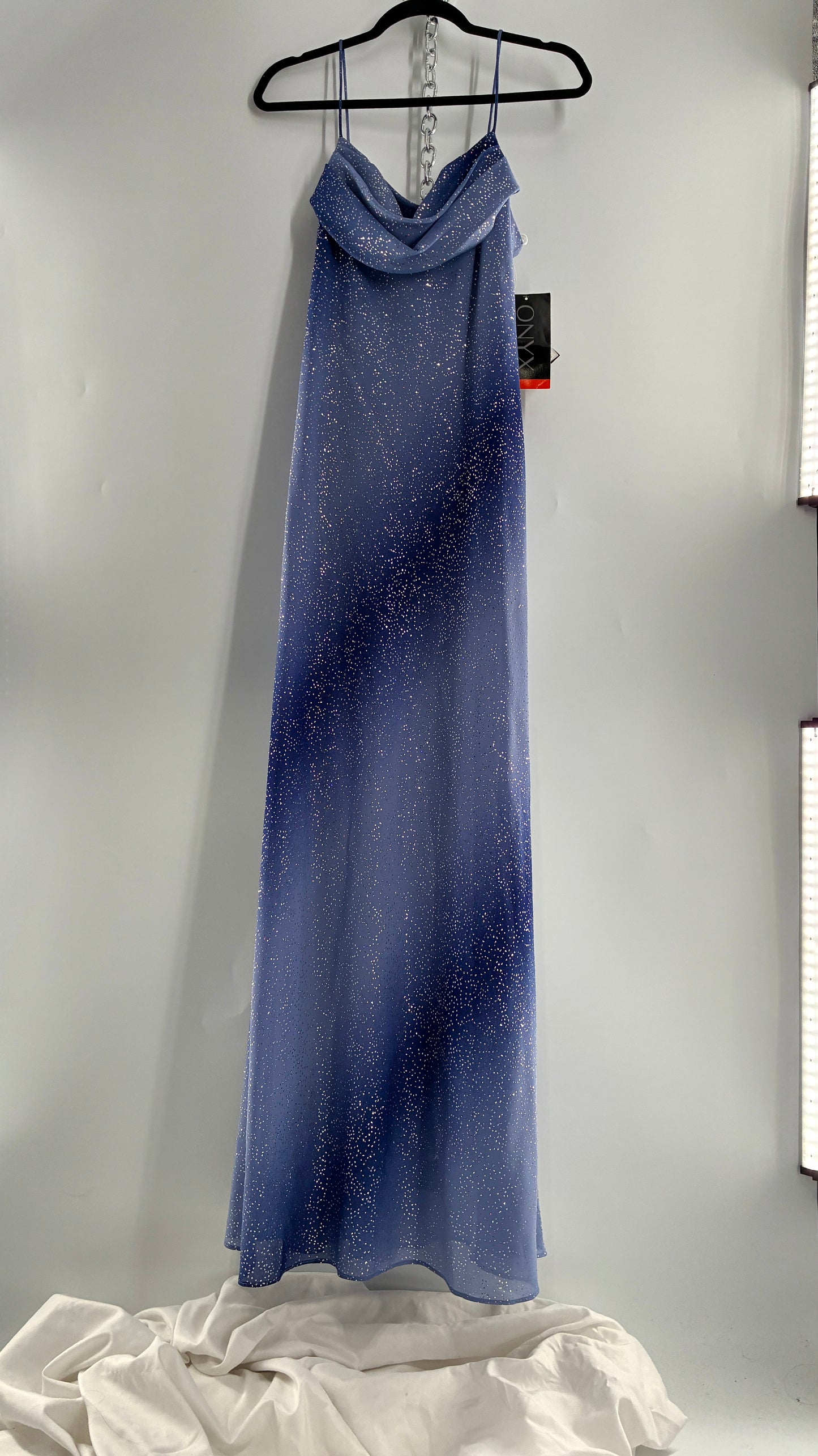 Deadstock Vintage ONYX Blue Iridescent Glitter Sparkle Draped Bust Gown (14)