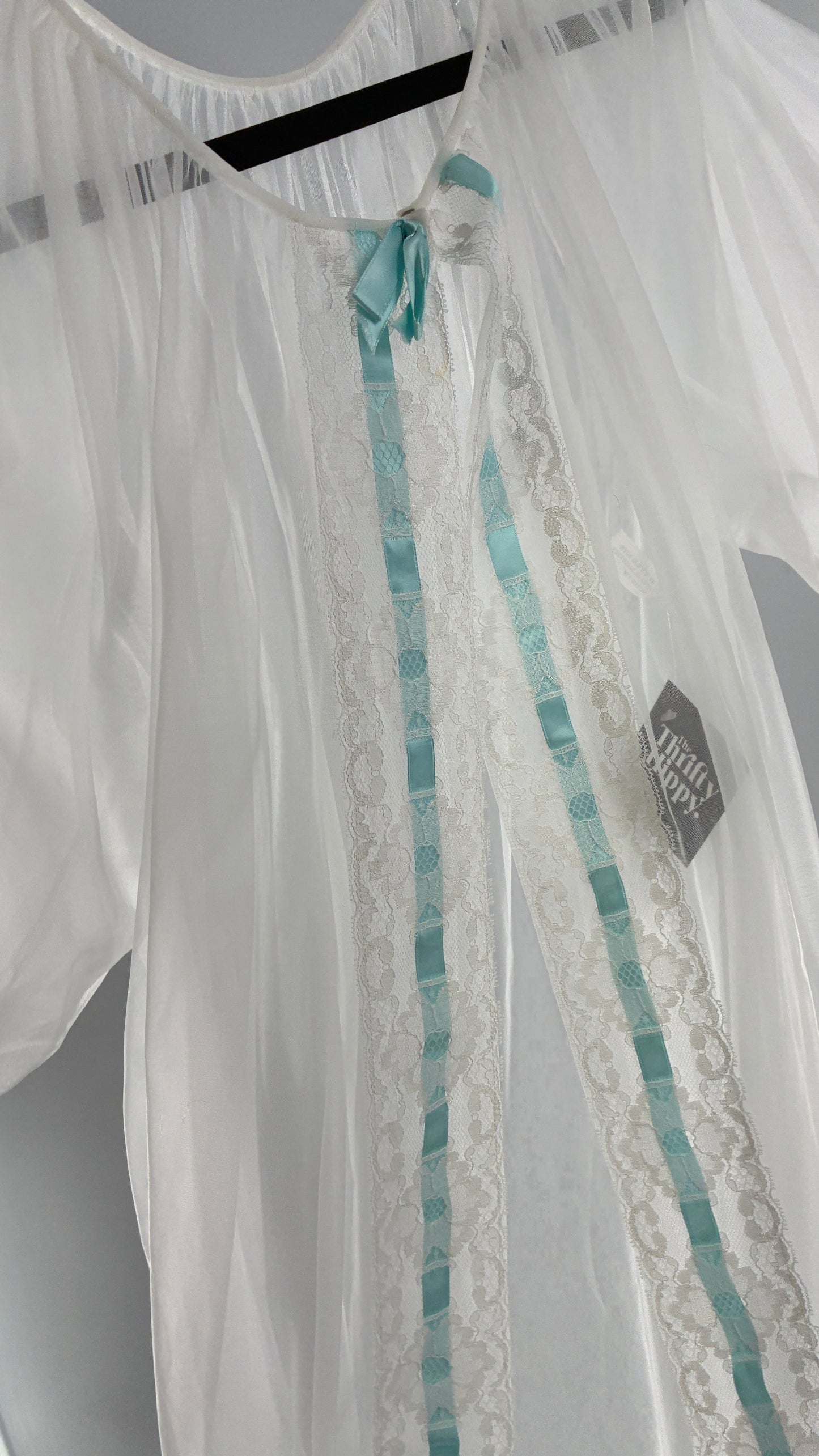 Vintage White Tulle Dress Cape with Oversized Puff Sleeves, Lined with Lace and Baby Blue Ribbon Trim (Medium)