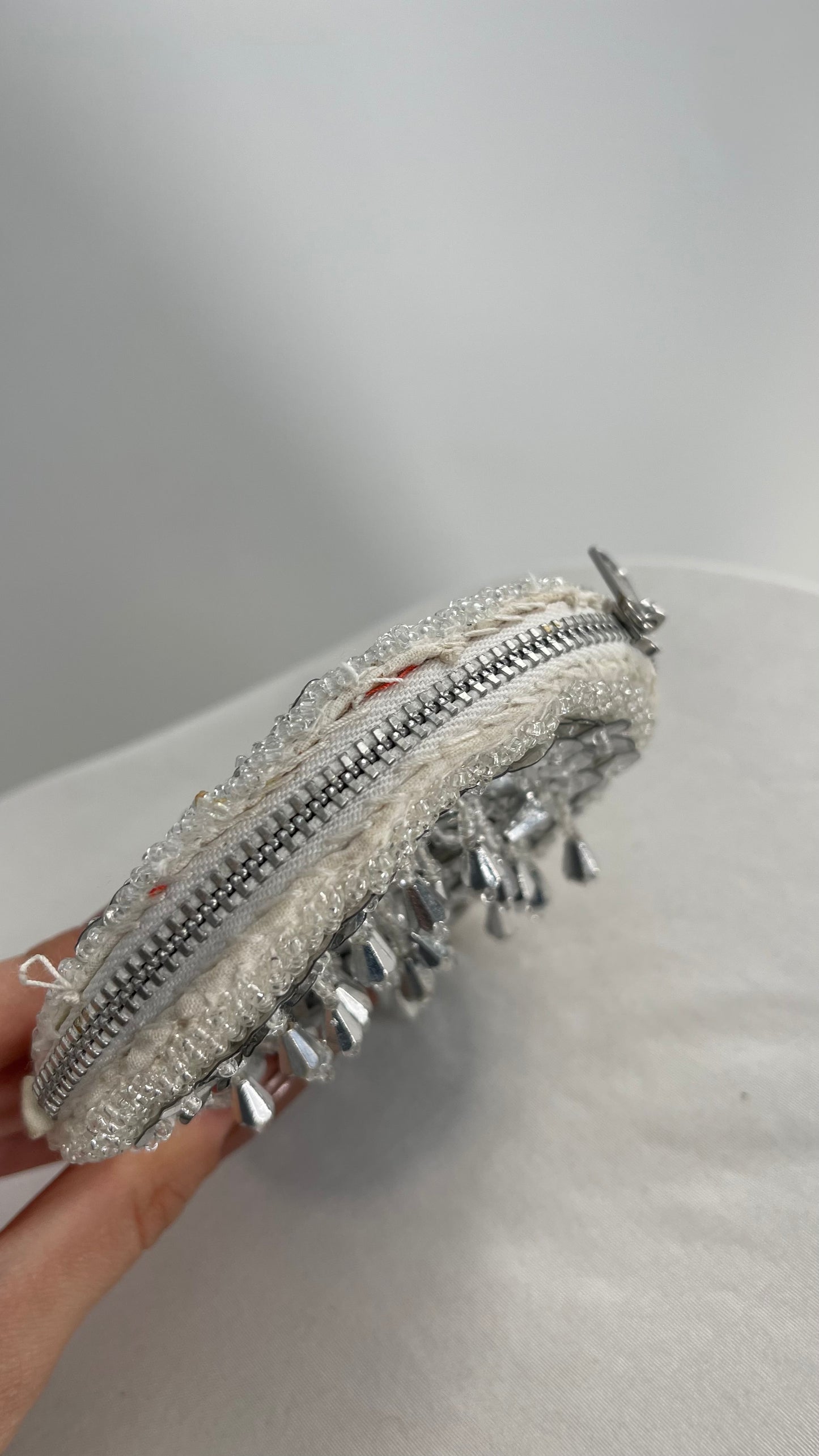 Silver Sequin Tear Drop Beading Round Coin Pouch