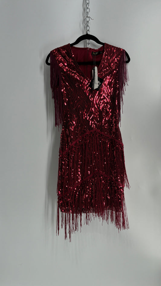 BABEYONO Maroon Sequin Fringe Bodycon Mini Dress (XS)