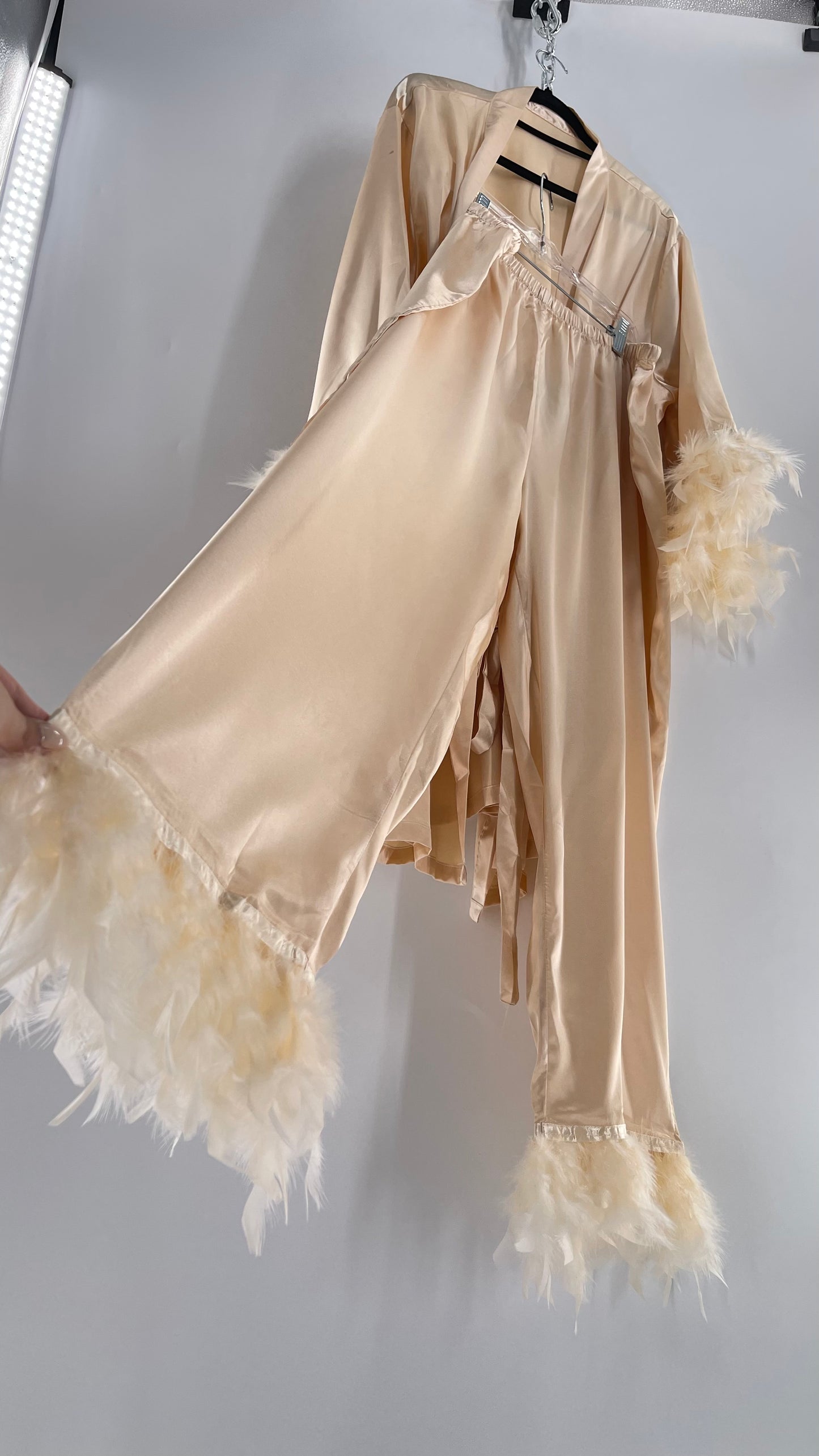 Champagne Satin Loungewear 2piece Set with Ostrich Feather Trim (3XL)