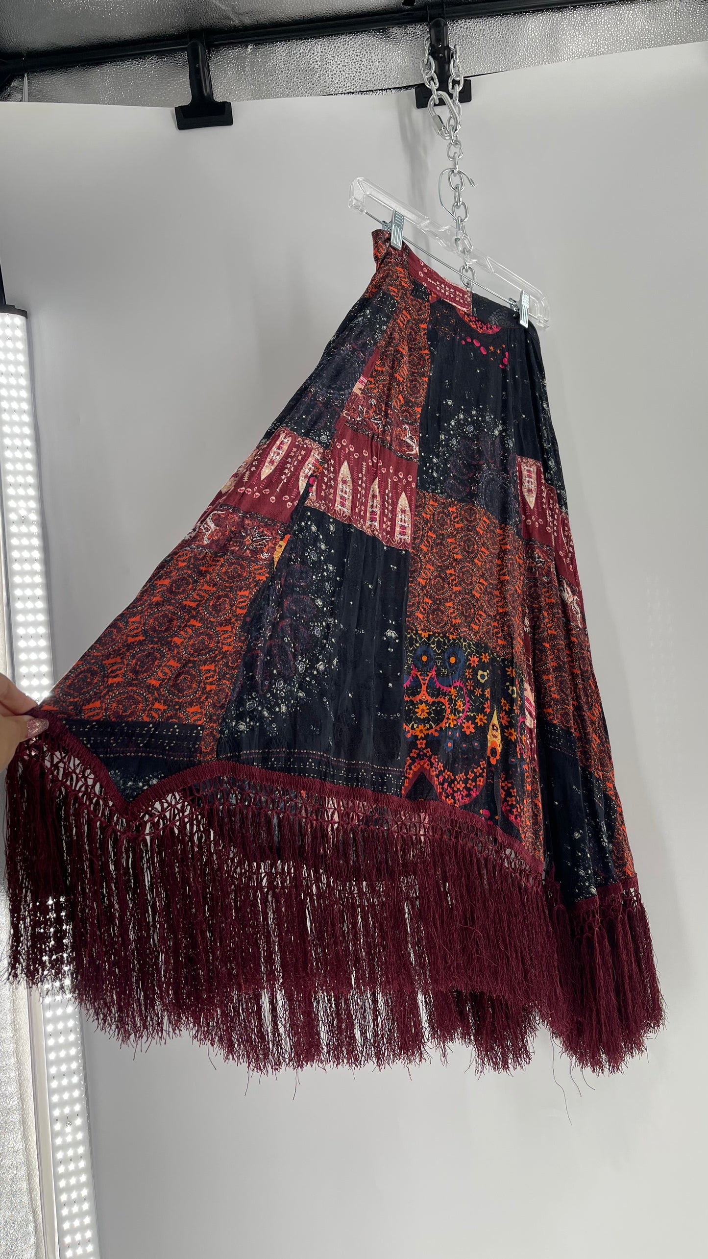 Free People Burgundy Satin Patchwork Patterned Fringe Full Length Skirt with Embossed Symbols and Side Slit Tags Attached (0)