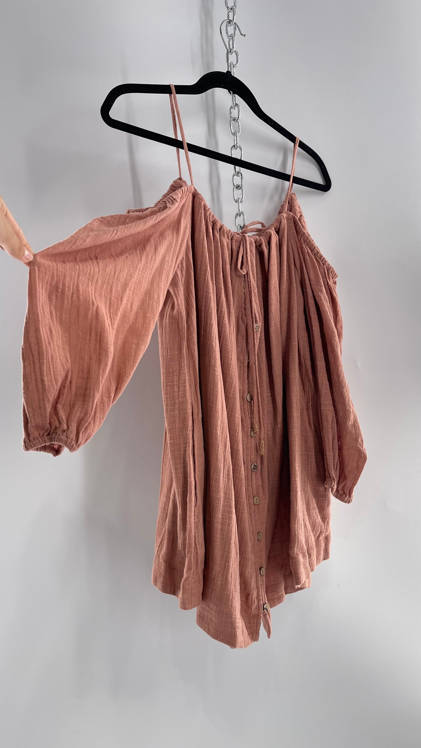 Free People Peachy Pink Coral Off the Shoulder 100% Cotton Voluminous Button Front Blouse (Small)