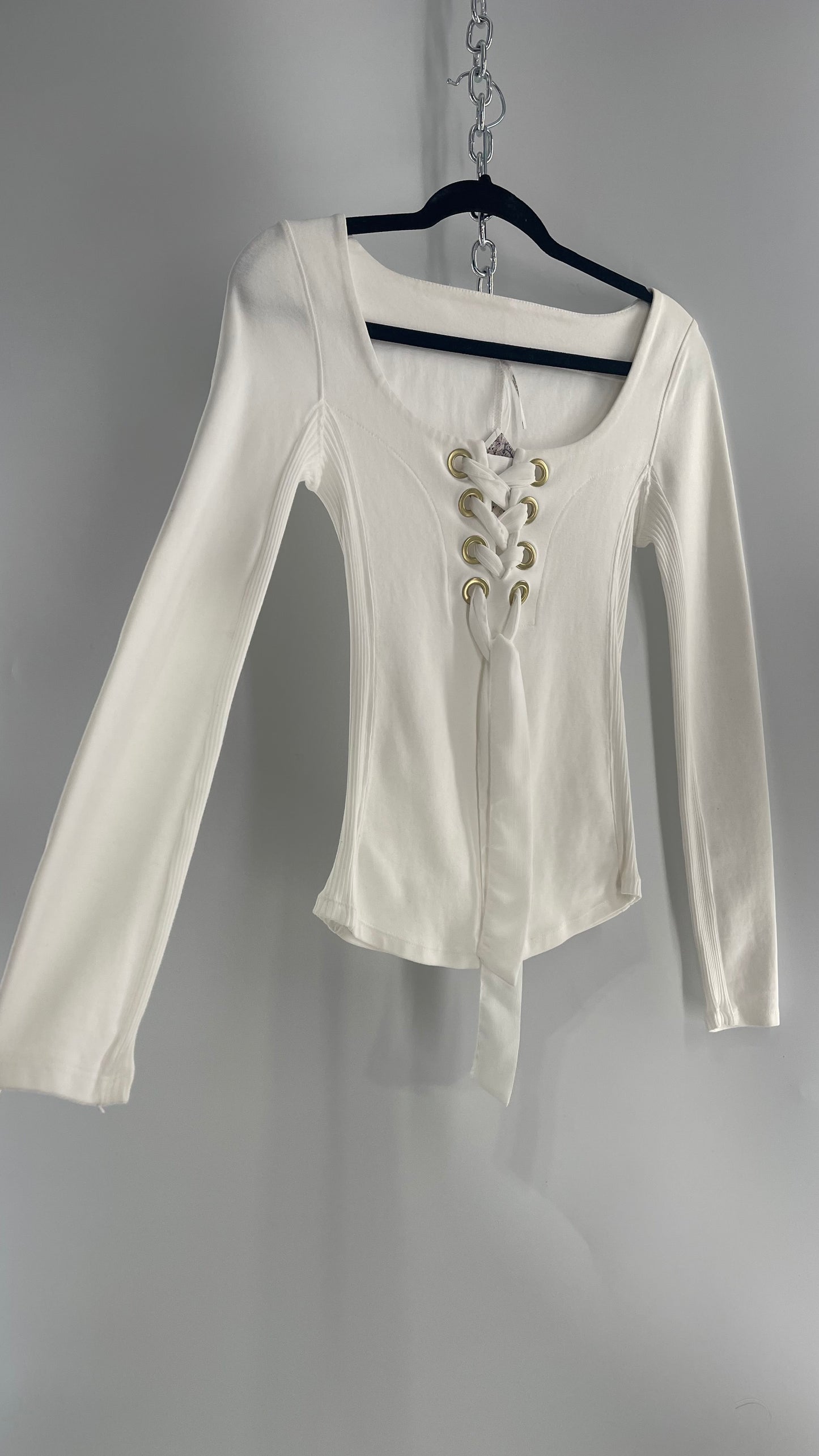 Free People White Lace Up Long Sleeve with Gold Grommets (XS)