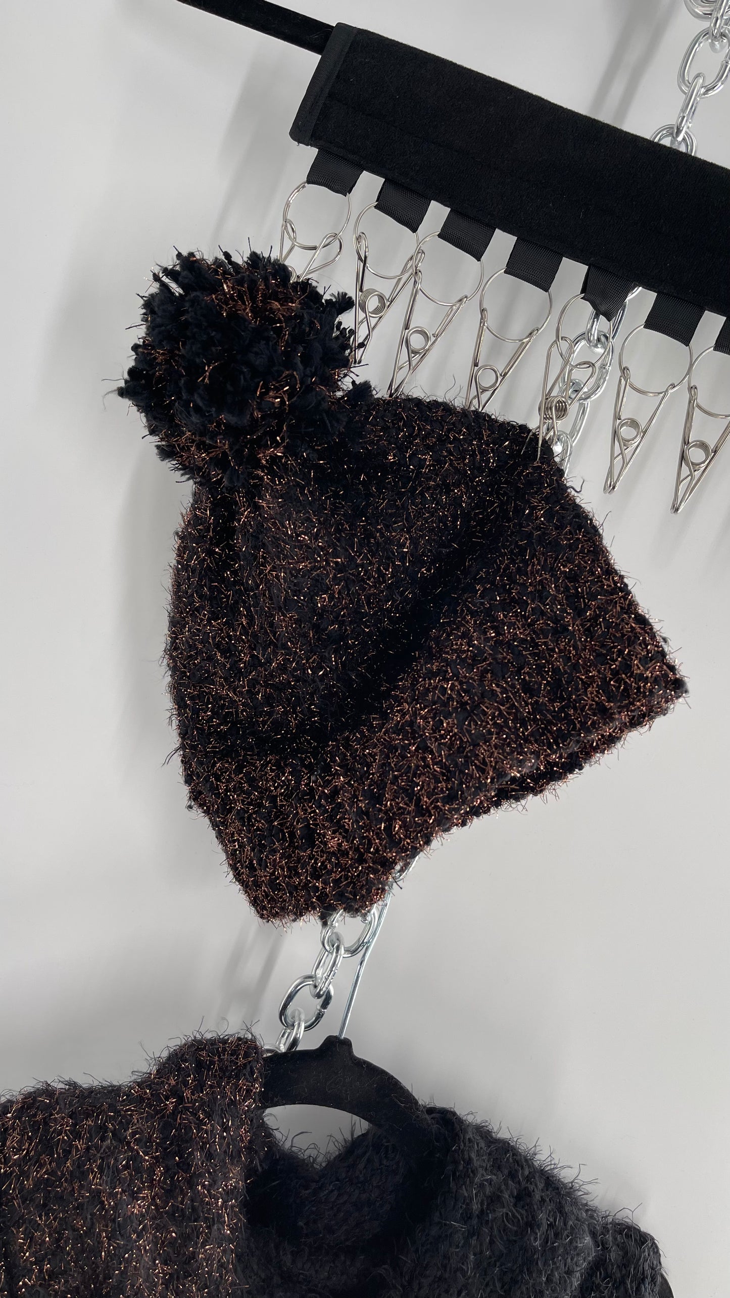 Anthropologie Bronze Tinsel Black Knit Beanie and Skinny Pom Scarf 2pc Set with Tags Attached
