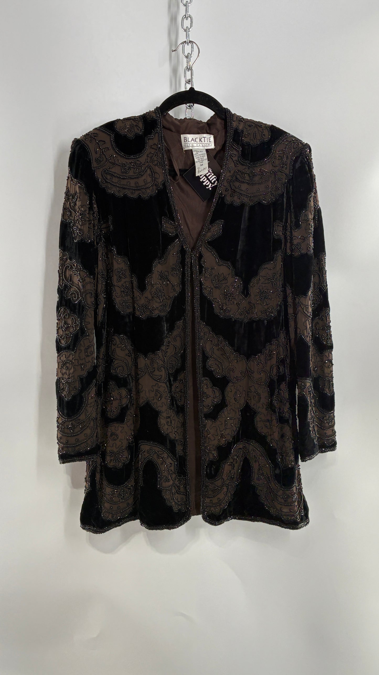 Vintage OLEG CASINI 100% Silk Velour Heavily Beaded Coat (Medium)