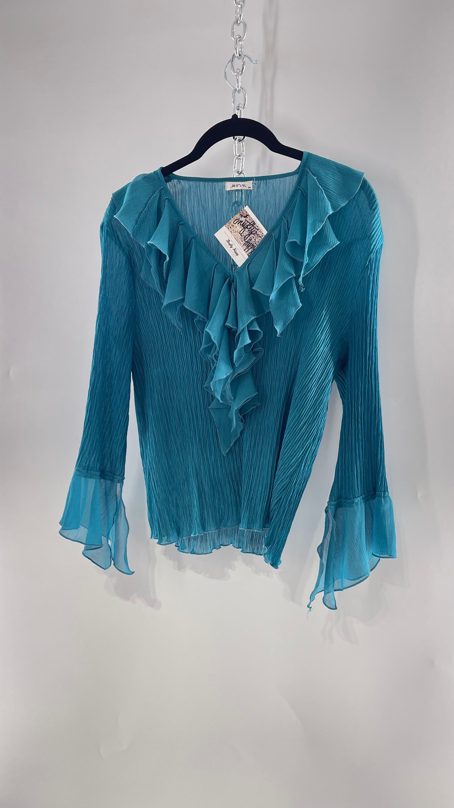 Vintage Jaipur Blue Crimped Blouse with Sheer Handkerchief Cuffs and Ruffled Neckline (Medium)