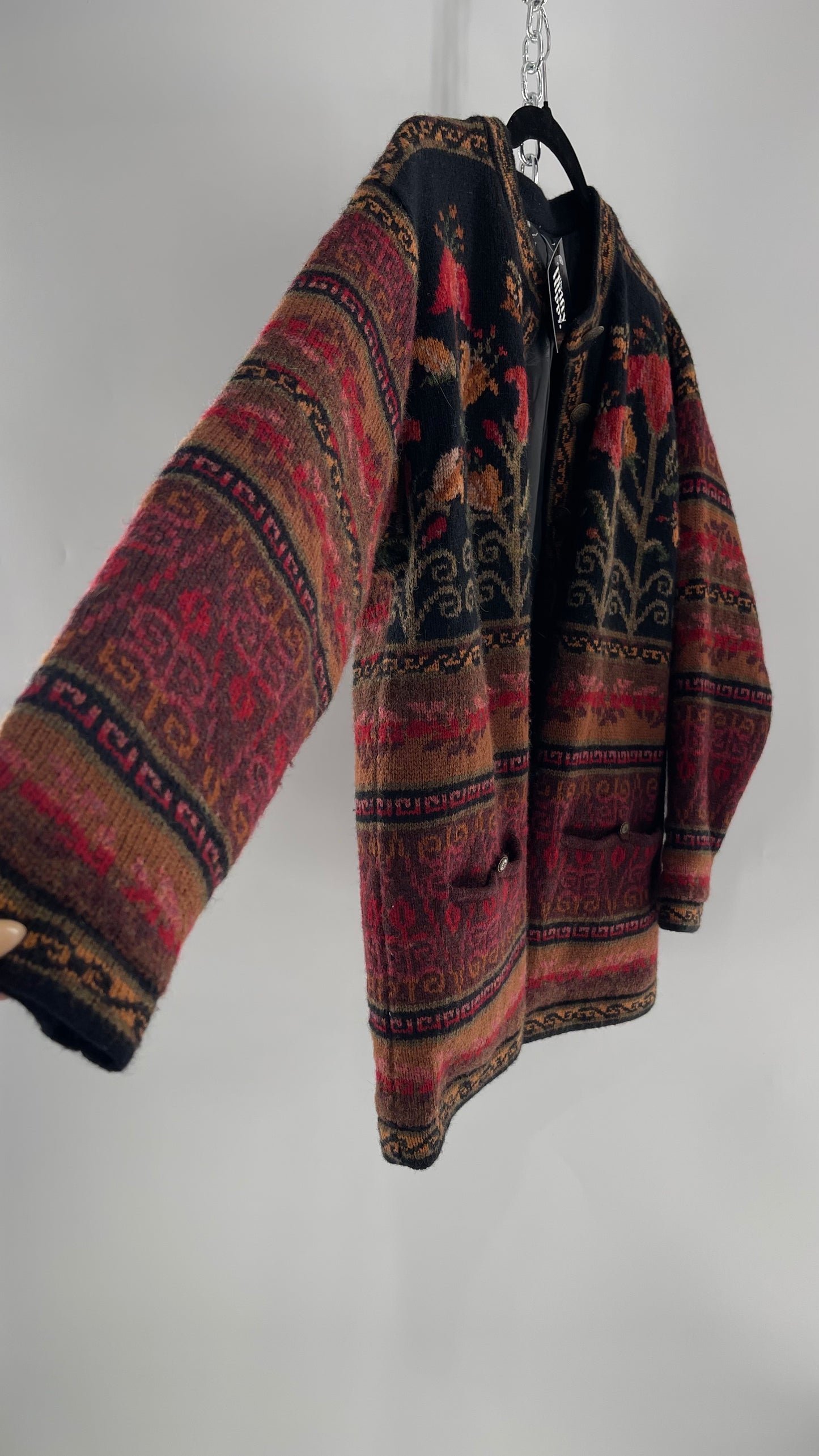 Vintage Iceland Design Wool Jacket with Brass Embossed Buttons and Folk Floral Patterning(C)(Medium)