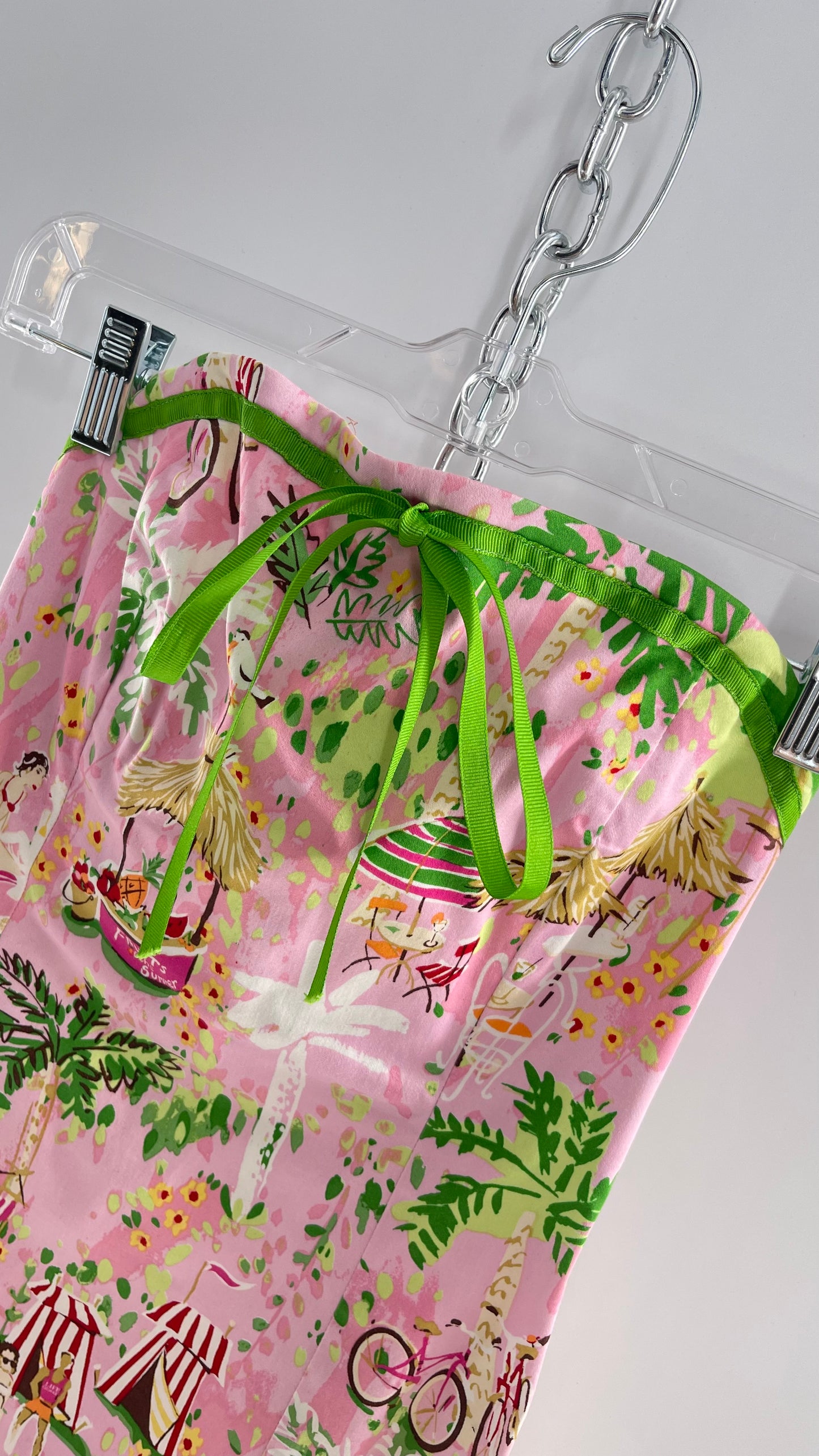 Vintage Handmade Pink Sketchbook 90s Print Mini Dress with Green Ribbon and Built In Boning (XS)