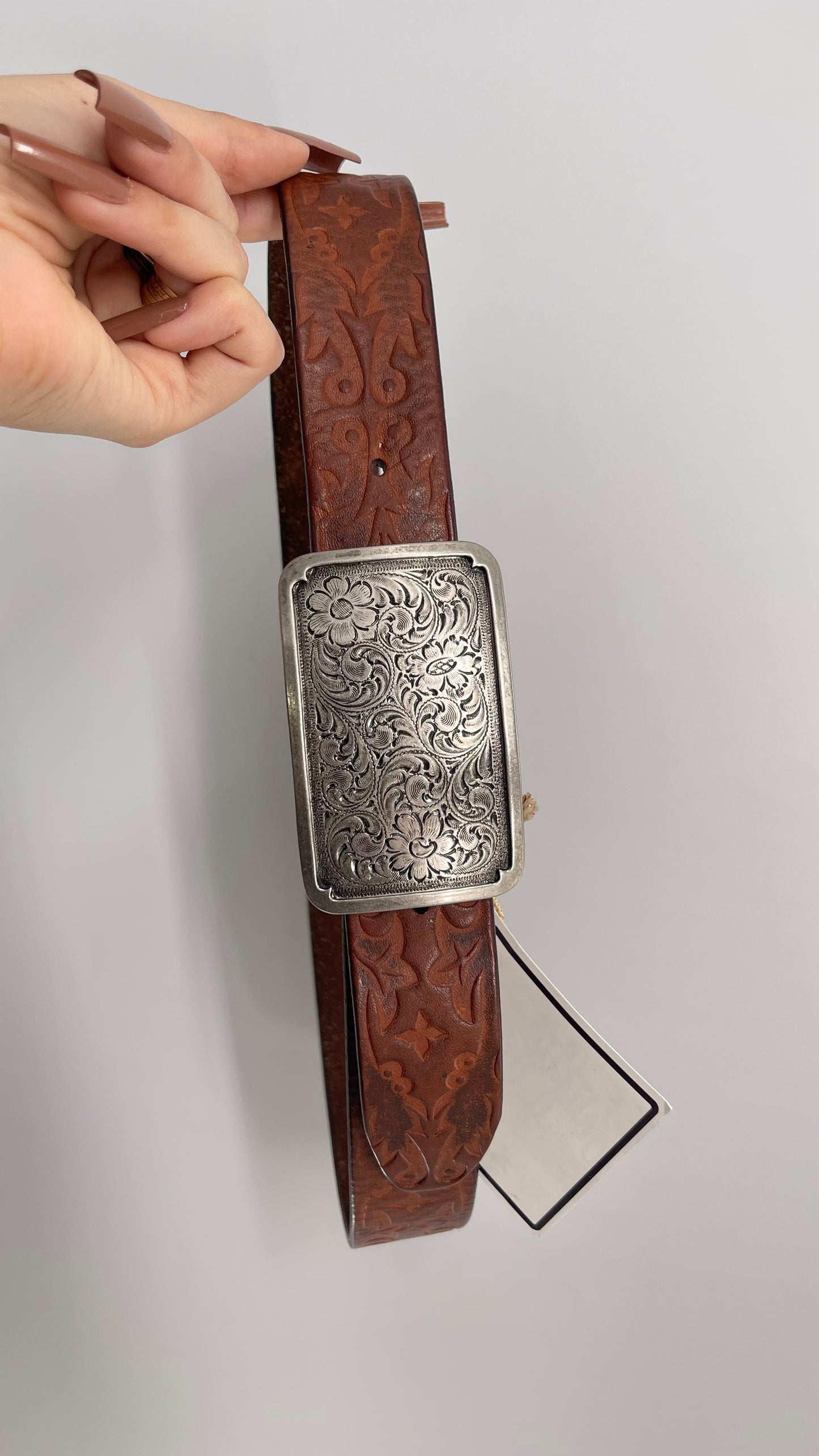 Vintage FOSSIL 1995 Embossed Genuine Leather Belt with Engraved Silver Buckle