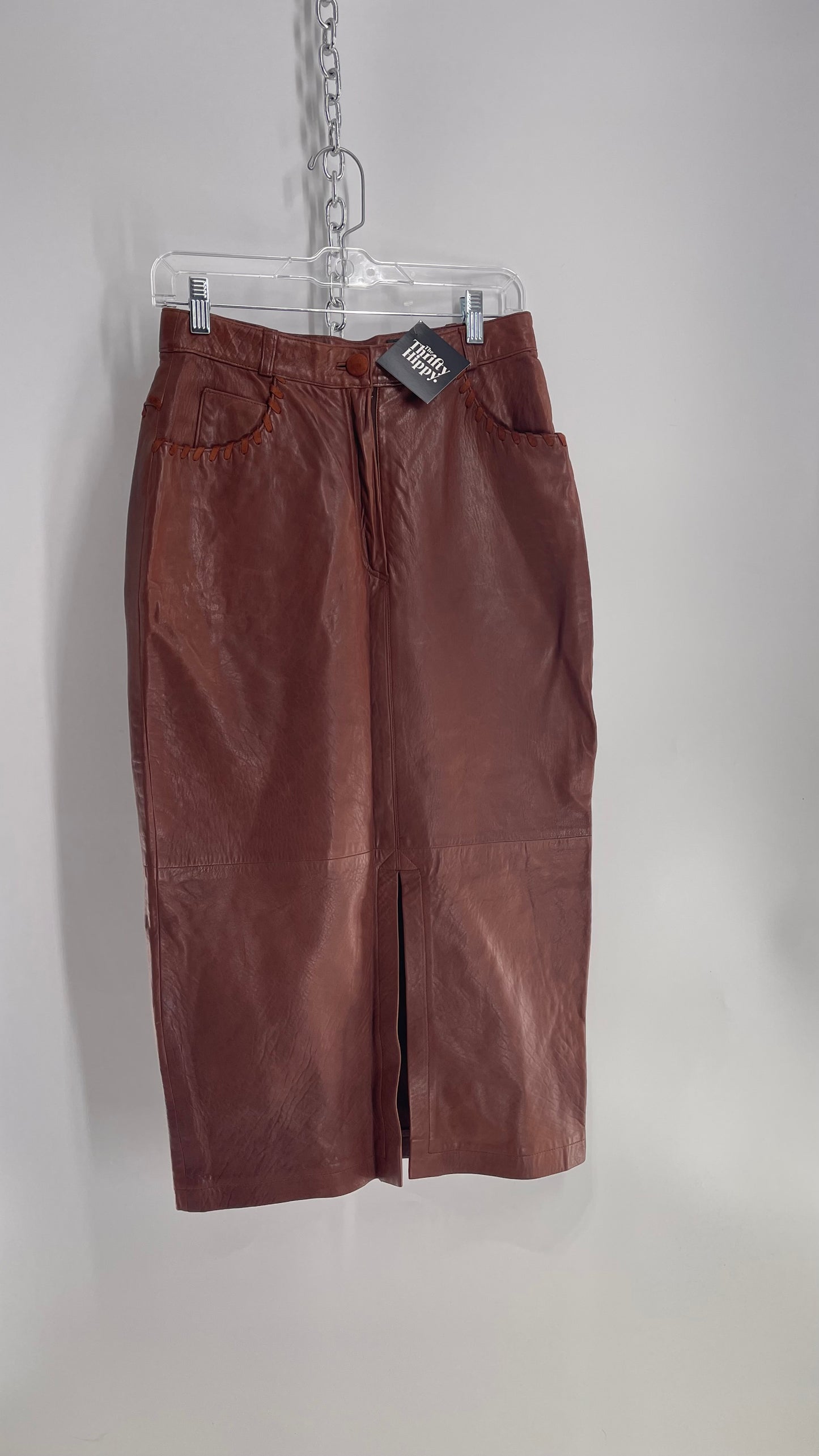 Vintage Diario Italian Brown Leather Long Skirt with Suede Stitch Detail (36)